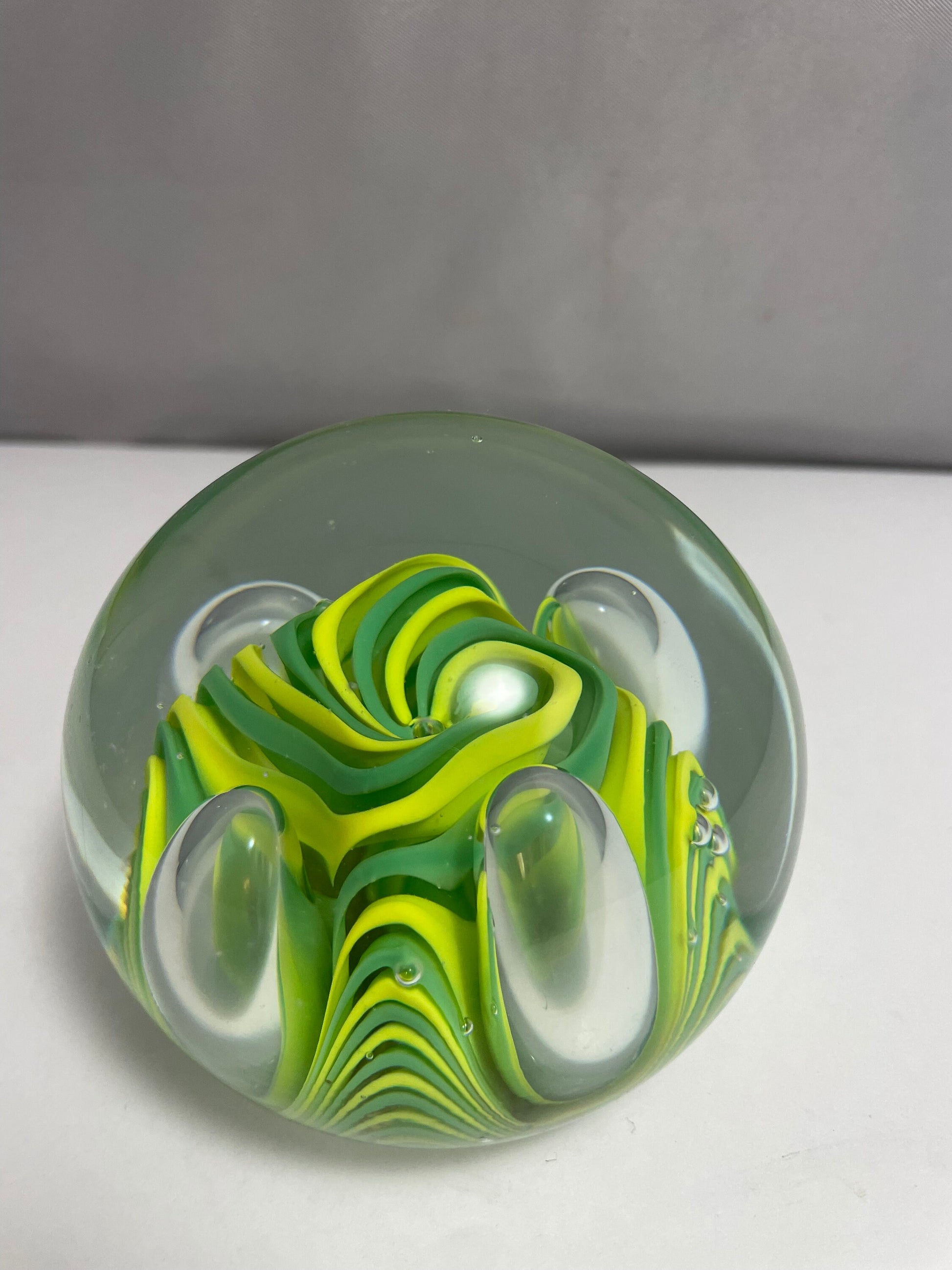 Vintage Murano Yellow and Green Swirl Paperweight
