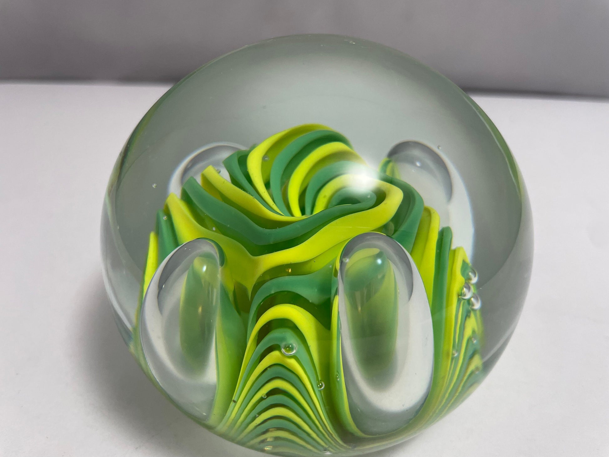 Vintage Murano Yellow and Green Swirl Paperweight