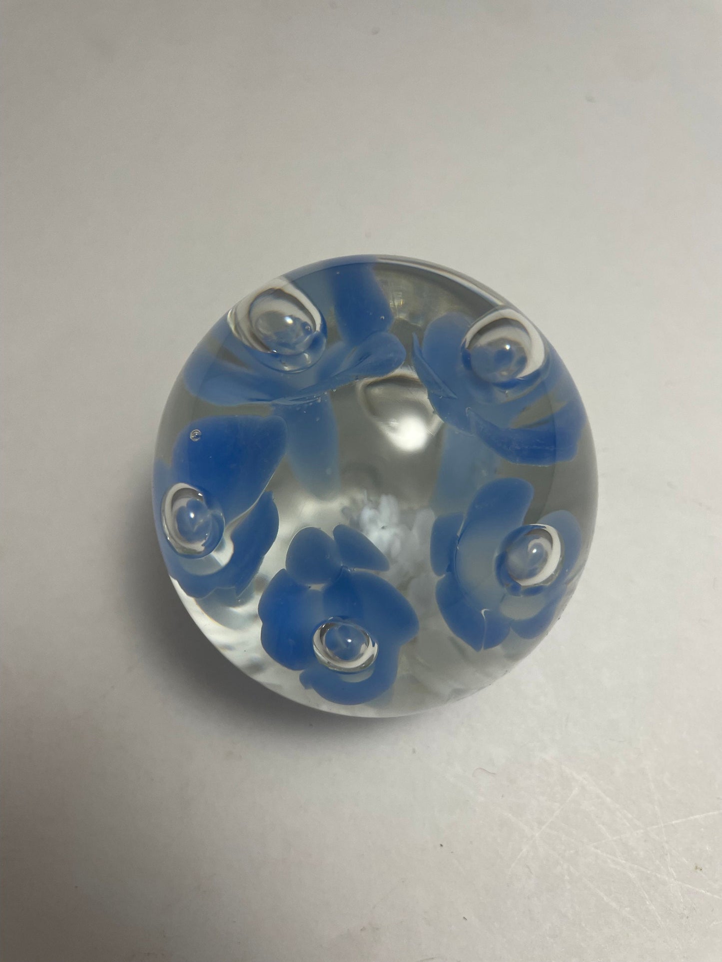 Vintage Joe Rice 1991 Blue and White Floral Paperweight St. Clair Glass Company