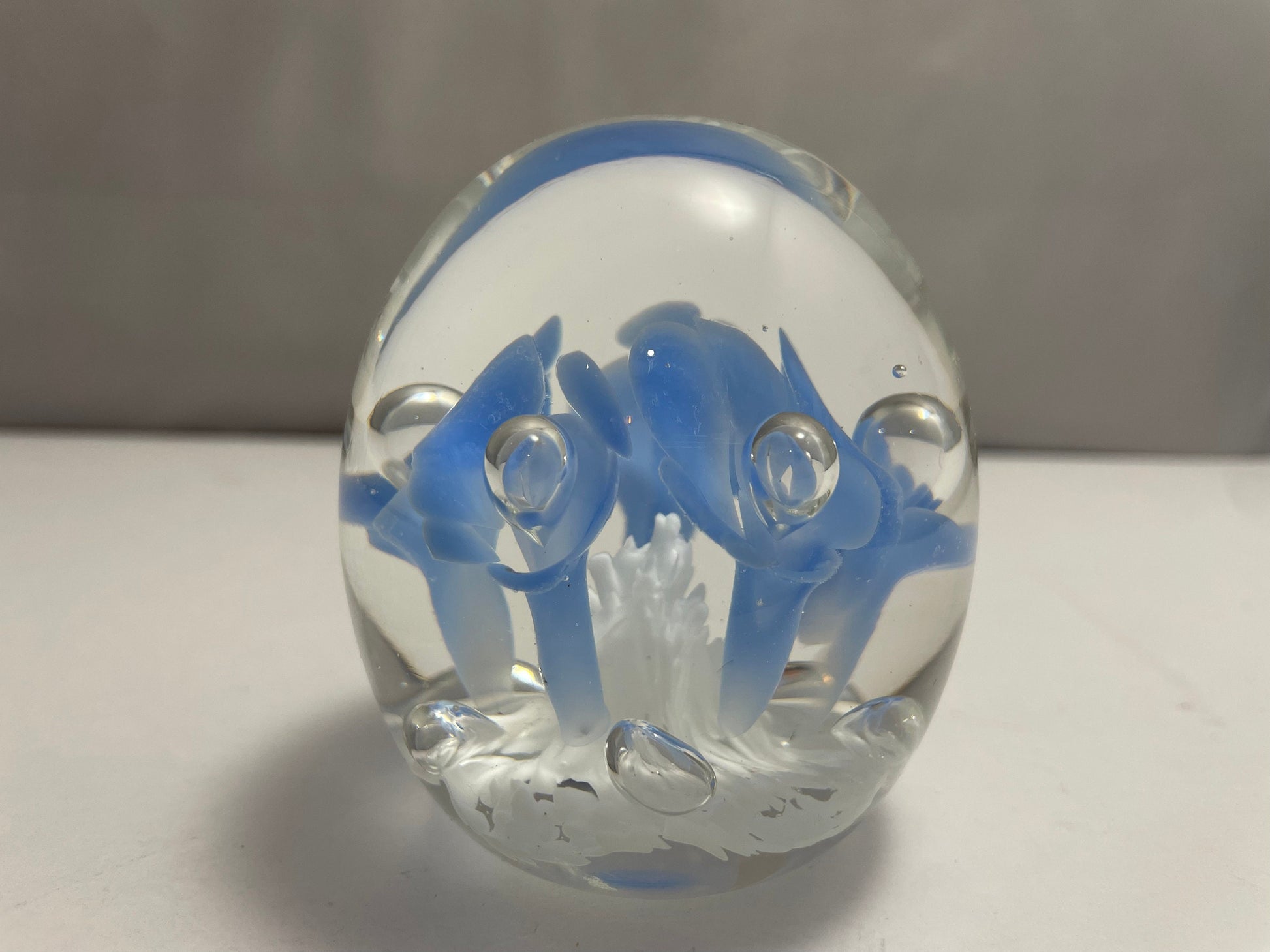 Vintage Joe Rice 1991 Blue and White Floral Paperweight St. Clair Glass Company