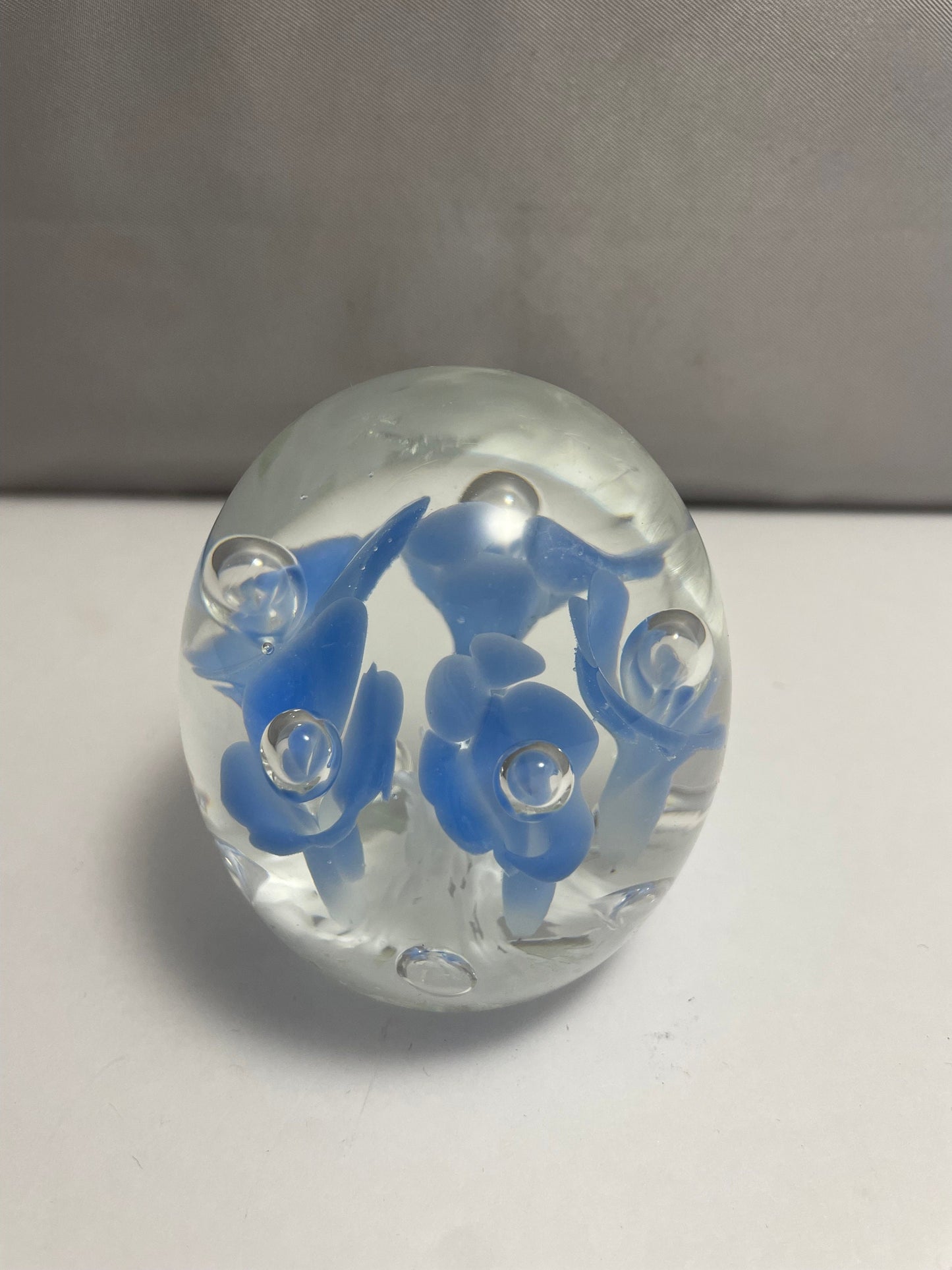 Vintage Joe Rice 1991 Blue and White Floral Paperweight St. Clair Glass Company