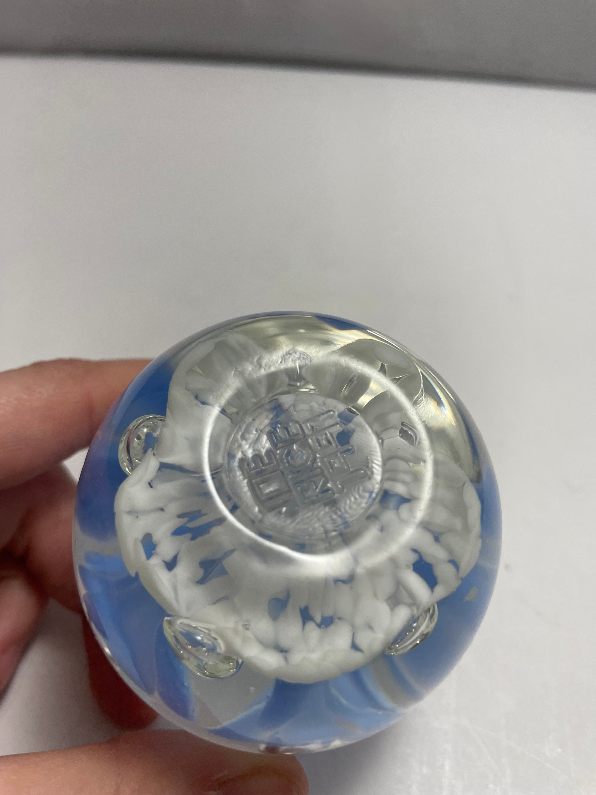 Vintage Joe Rice 1991 Blue and White Floral Paperweight St. Clair Glass Company