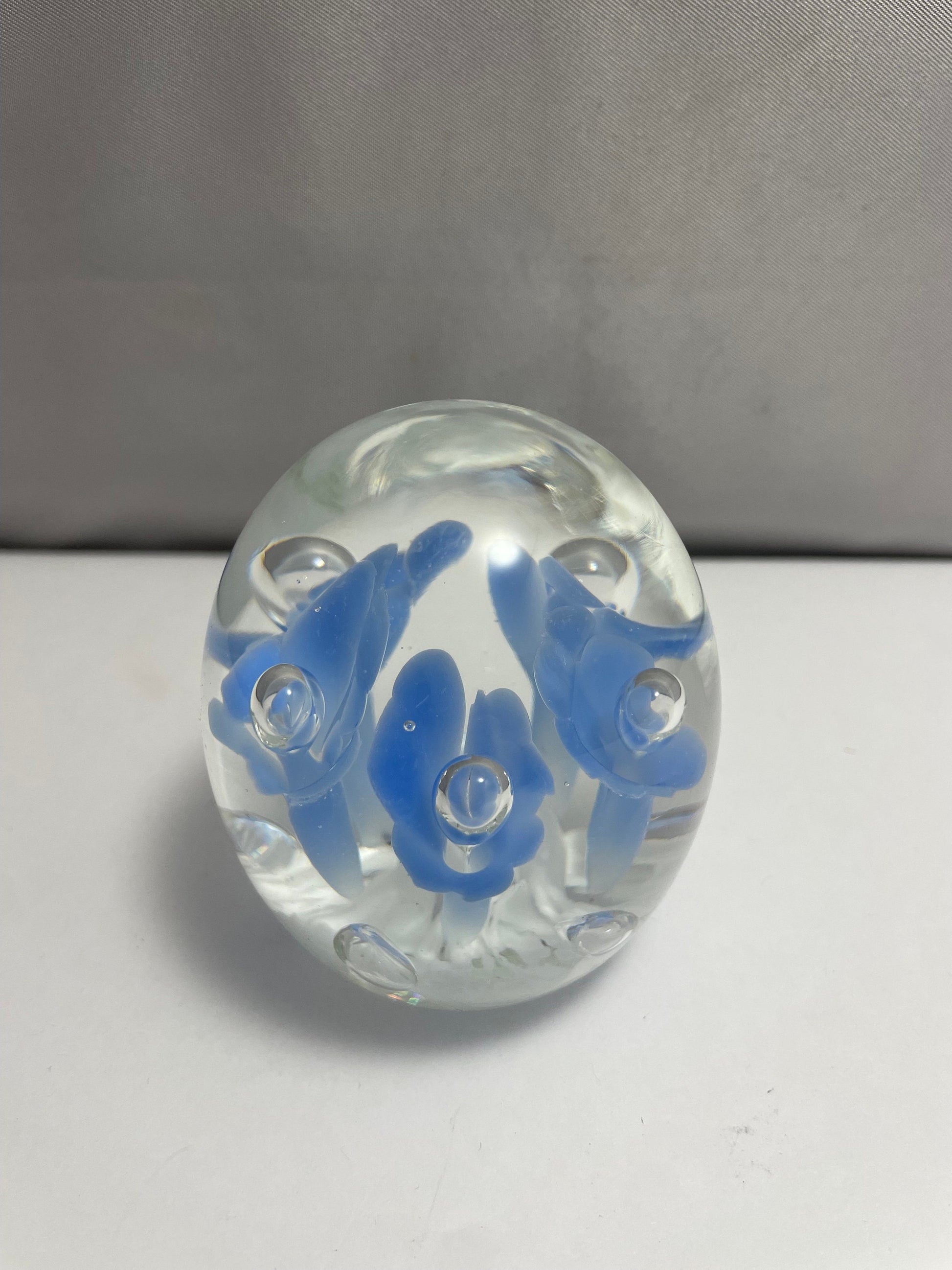 Vintage Joe Rice 1991 Blue and White Floral Paperweight St. Clair Glass Company