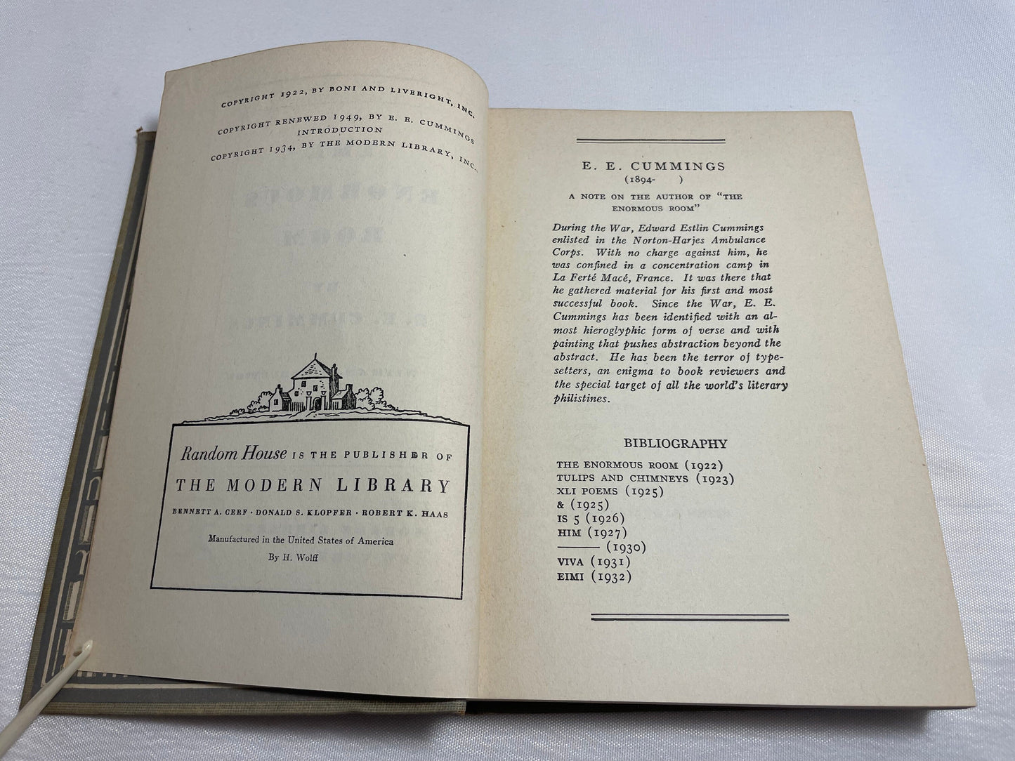 The Enormous Room by E.E. Cummings, Vintage Autobiography, 1950's Edition, WWI Novel, Collectible Book