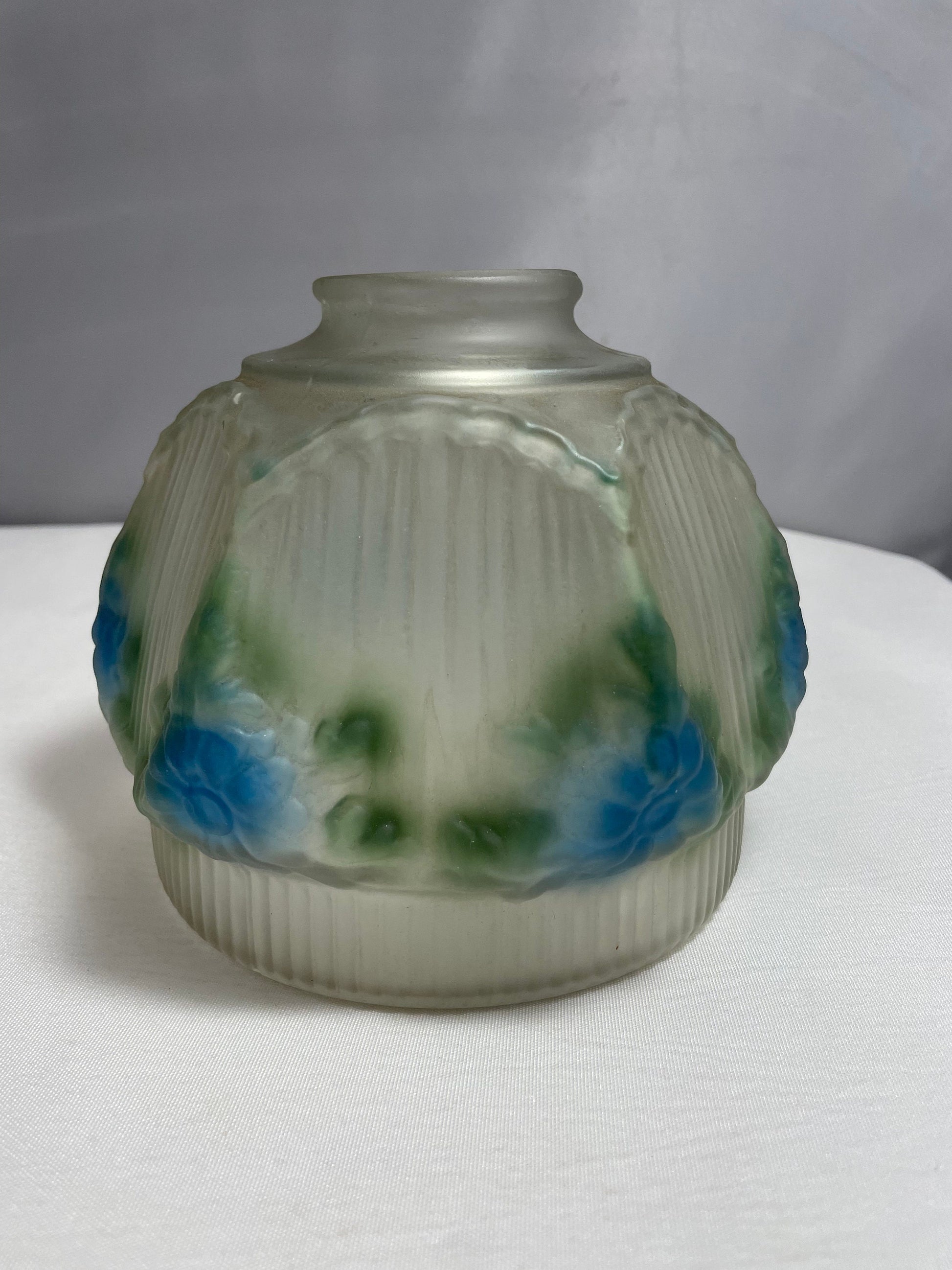 Antique Lamp Shade, Blue & Green Flower and Ribbed Detailing, Reverse Painted, Frosted Glass Lamp Shade