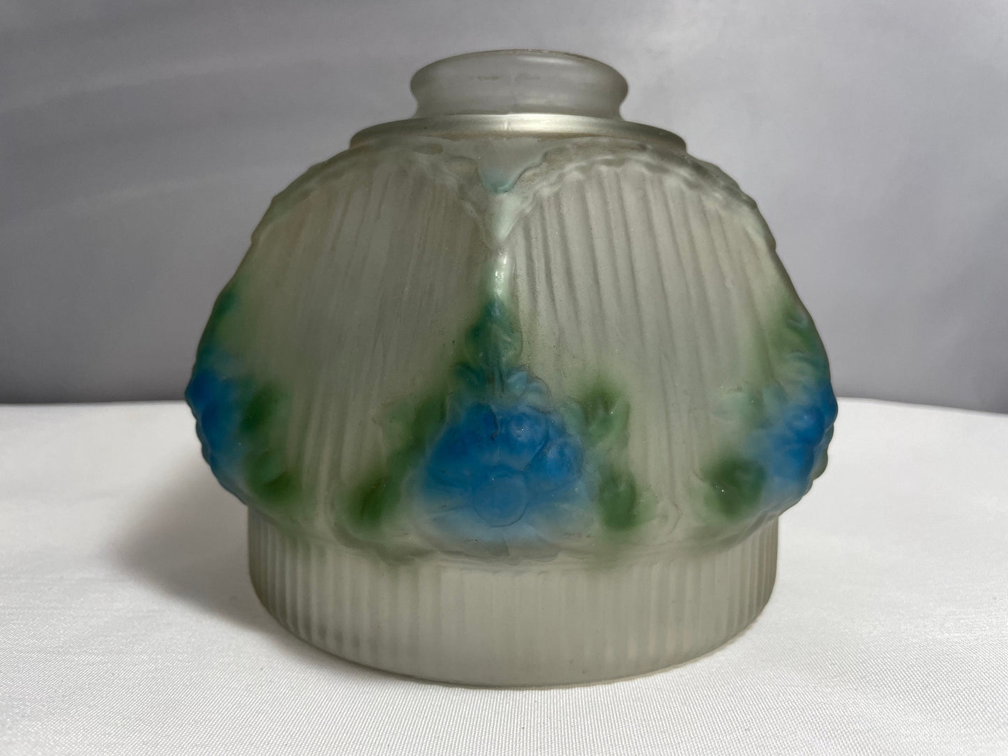 Antique Lamp Shade, Blue & Green Flower and Ribbed Detailing, Reverse Painted, Frosted Glass Lamp Shade