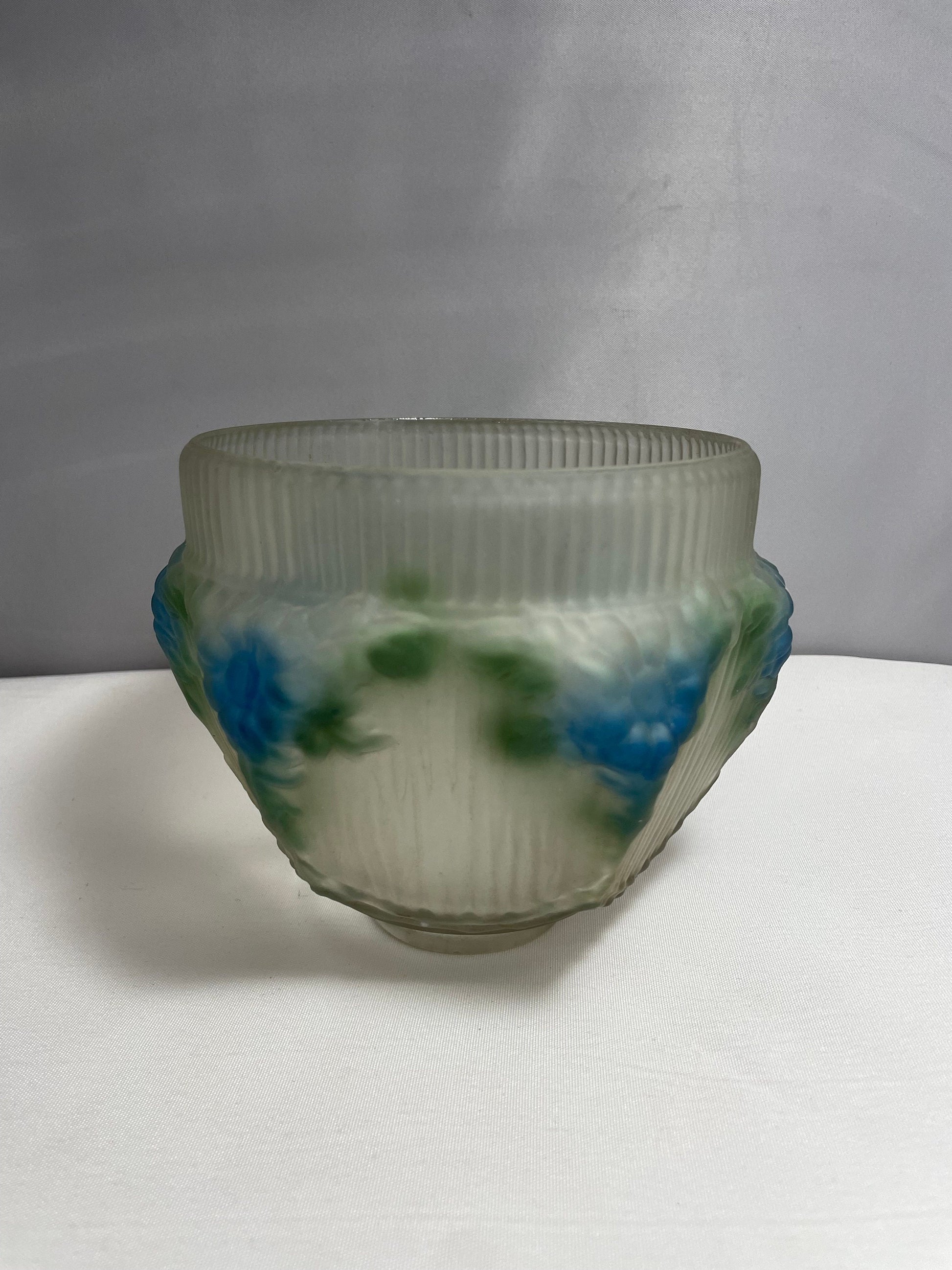 Antique Lamp Shade, Blue & Green Flower and Ribbed Detailing, Reverse Painted, Frosted Glass Lamp Shade