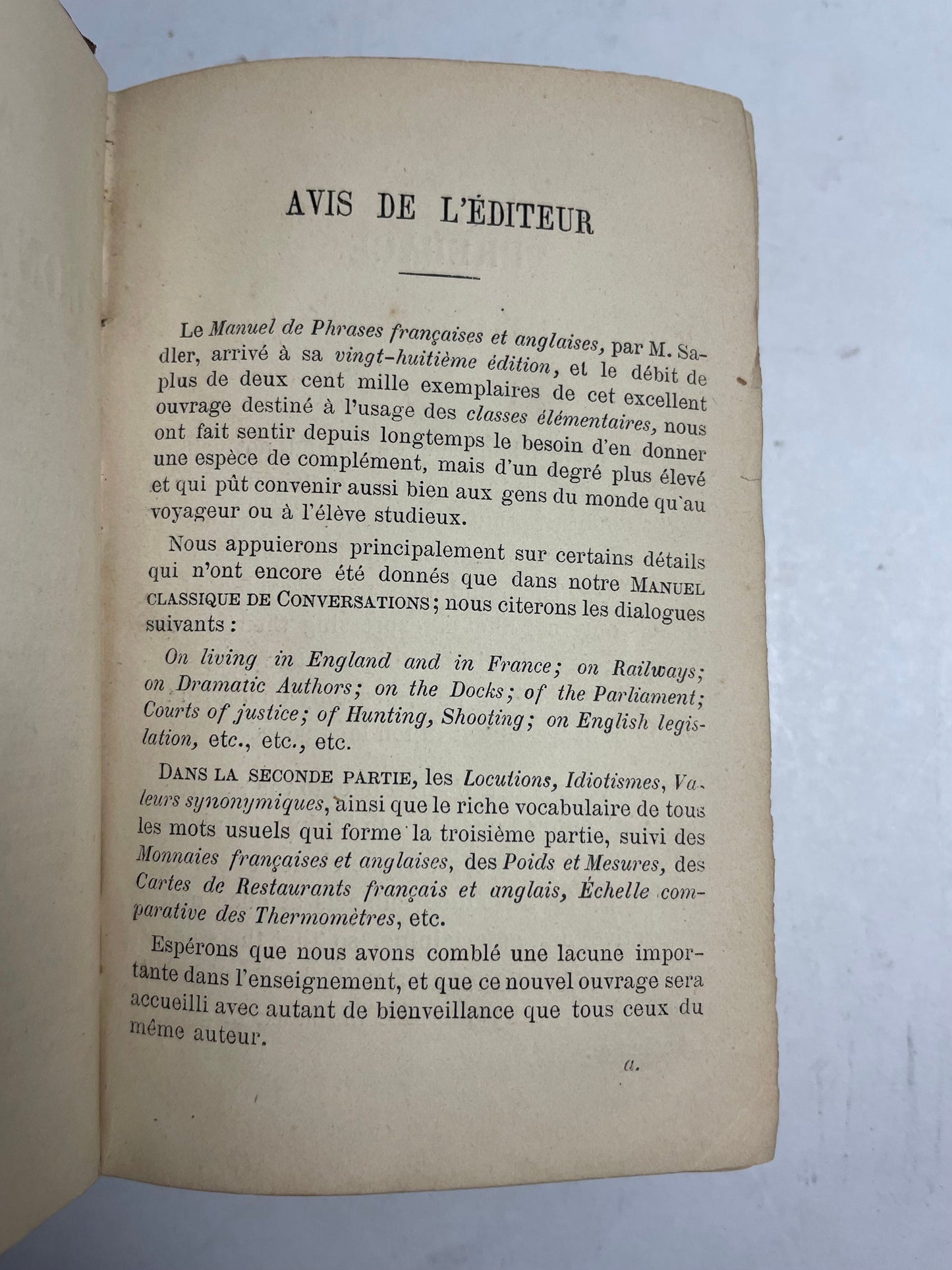 P. Sadler. Manuel Classique de Conversations Françaises et Anglaises, Translation Book, Common Phrases Book, 1800's Manual Book