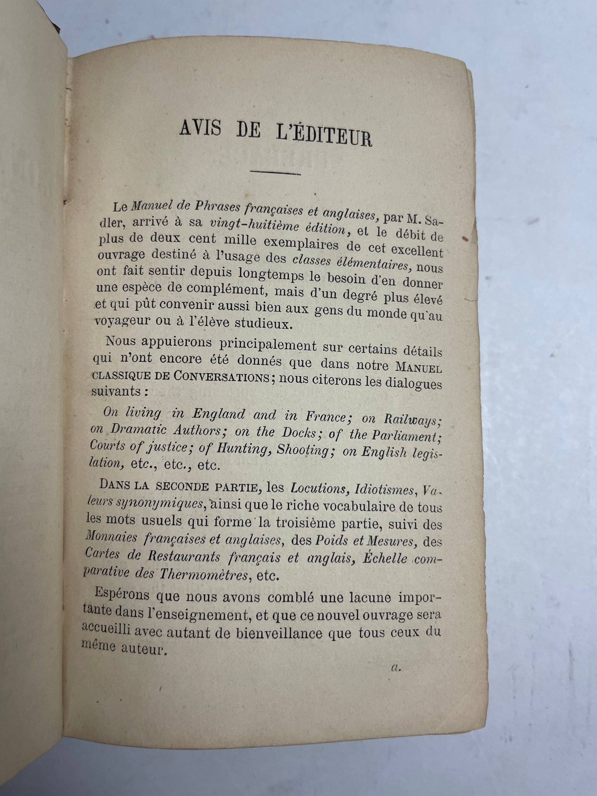 P. Sadler. Manuel Classique de Conversations Françaises et Anglaises, Translation Book, Common Phrases Book, 1800's Manual Book