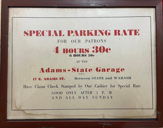 Antique 1920's Parking Sign, Adams-State Garage Chicago IL, Vintage Collectible