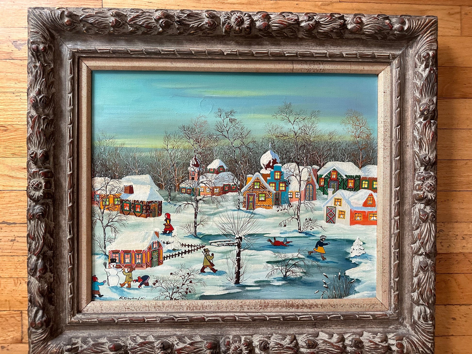 Hungarian Winter Scene Painting, A. Kolwaski Original Art, Winter Landscape Artwork, Snowy Village Painting, European Art Decor