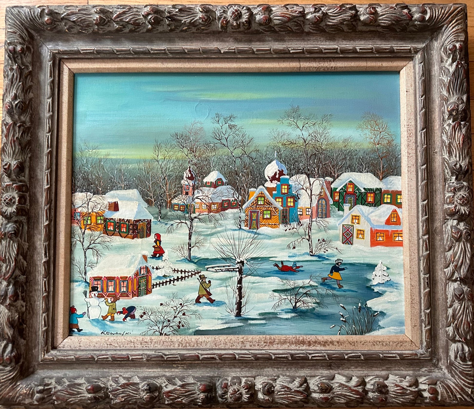 Hungarian Winter Scene Painting, A. Kolwaski Original Art, Winter Landscape Artwork, Snowy Village Painting, European Art Decor