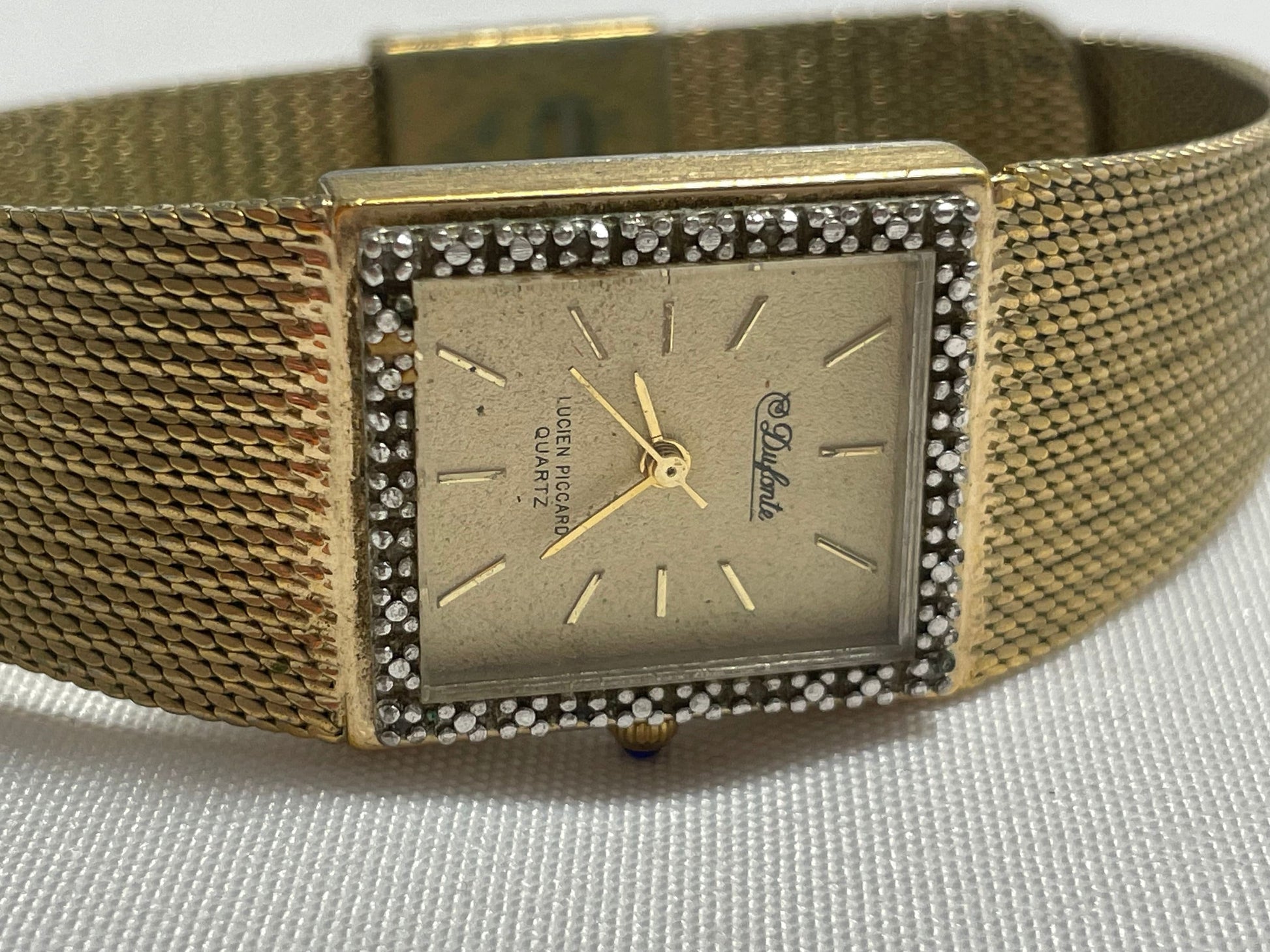 Vintage 1980's Armitron Dufonte Diamond Bezel Gold Tone Quartz Lucien Piccard Watch