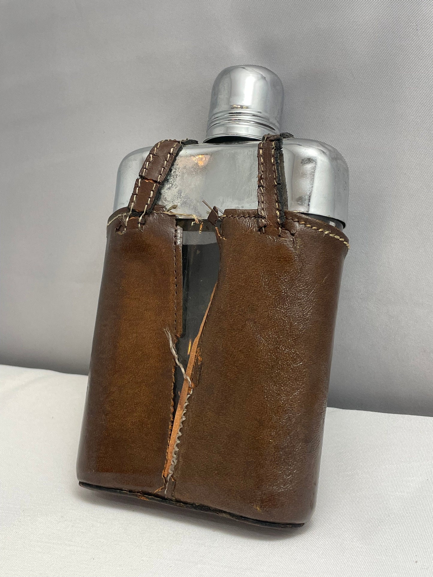 Vintage Leather Flask Holder, Monogrammed Cover, Personalized 1980's Drink Carrier