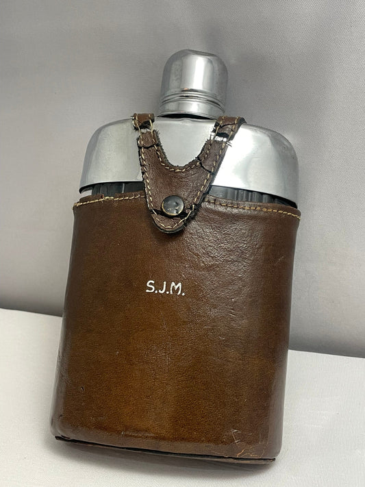 Vintage Leather Flask Holder, Monogrammed Cover, Personalized 1980's Drink Carrier