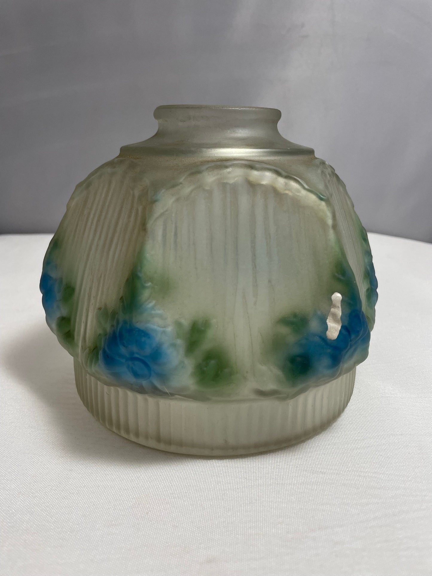 Antique Lamp Shade, Blue & Green Flower and Ribbed Detailing, Reverse Painted, Frosted Glass Lamp Shade