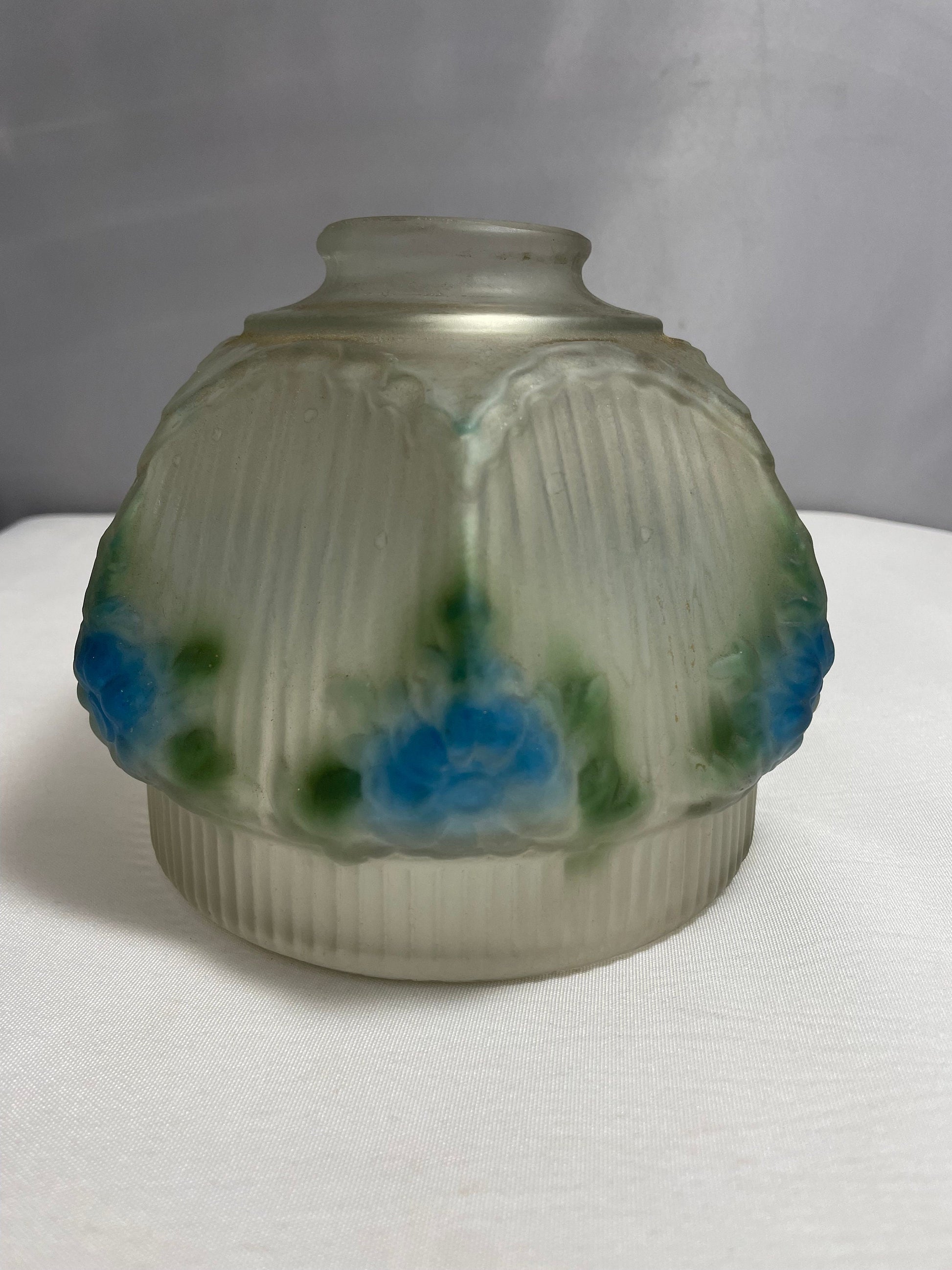 Antique Lamp Shade, Blue & Green Flower and Ribbed Detailing, Reverse Painted, Frosted Glass Lamp Shade