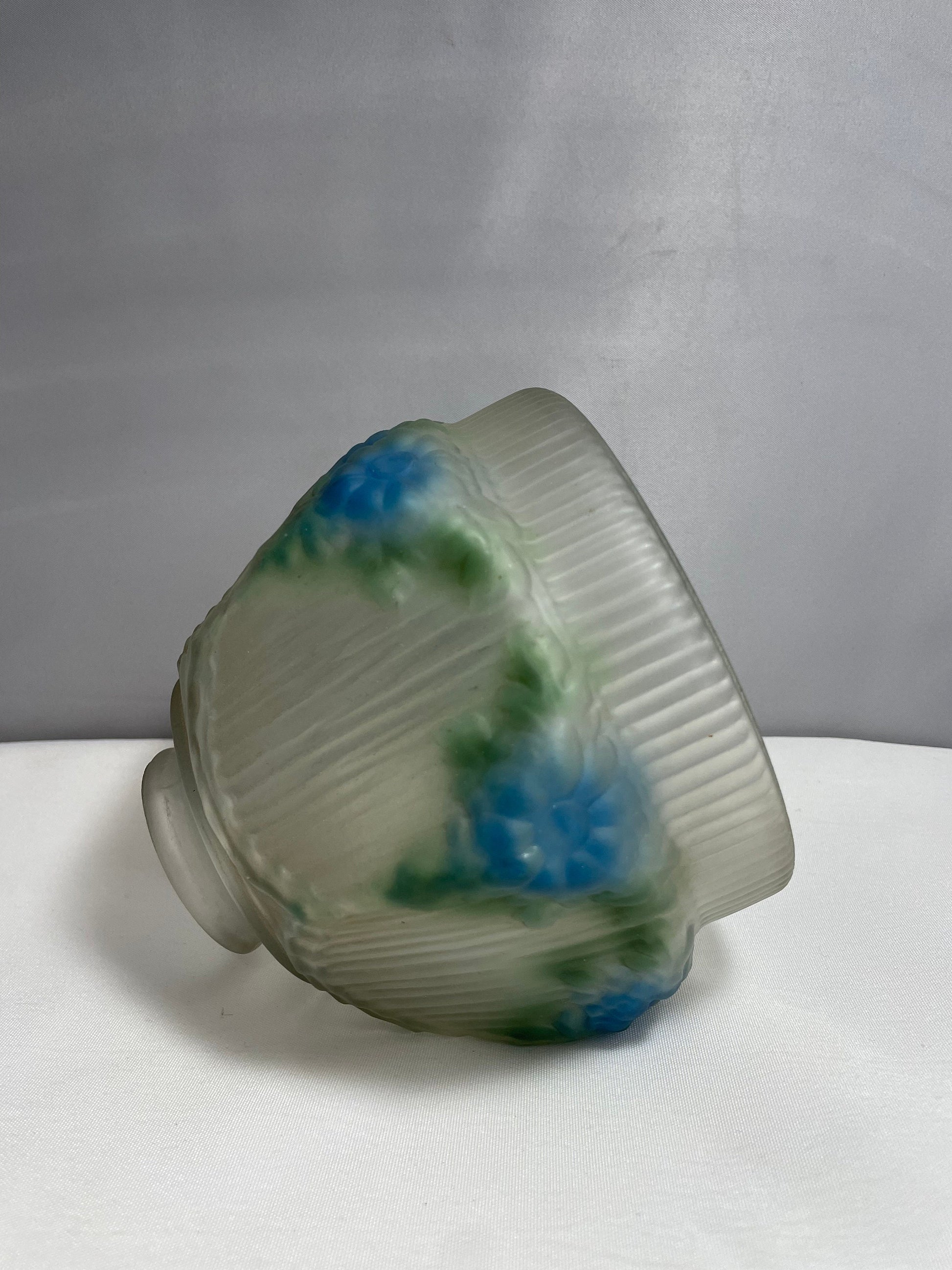 Antique Lamp Shade, Blue & Green Flower and Ribbed Detailing, Reverse Painted, Frosted Glass Lamp Shade