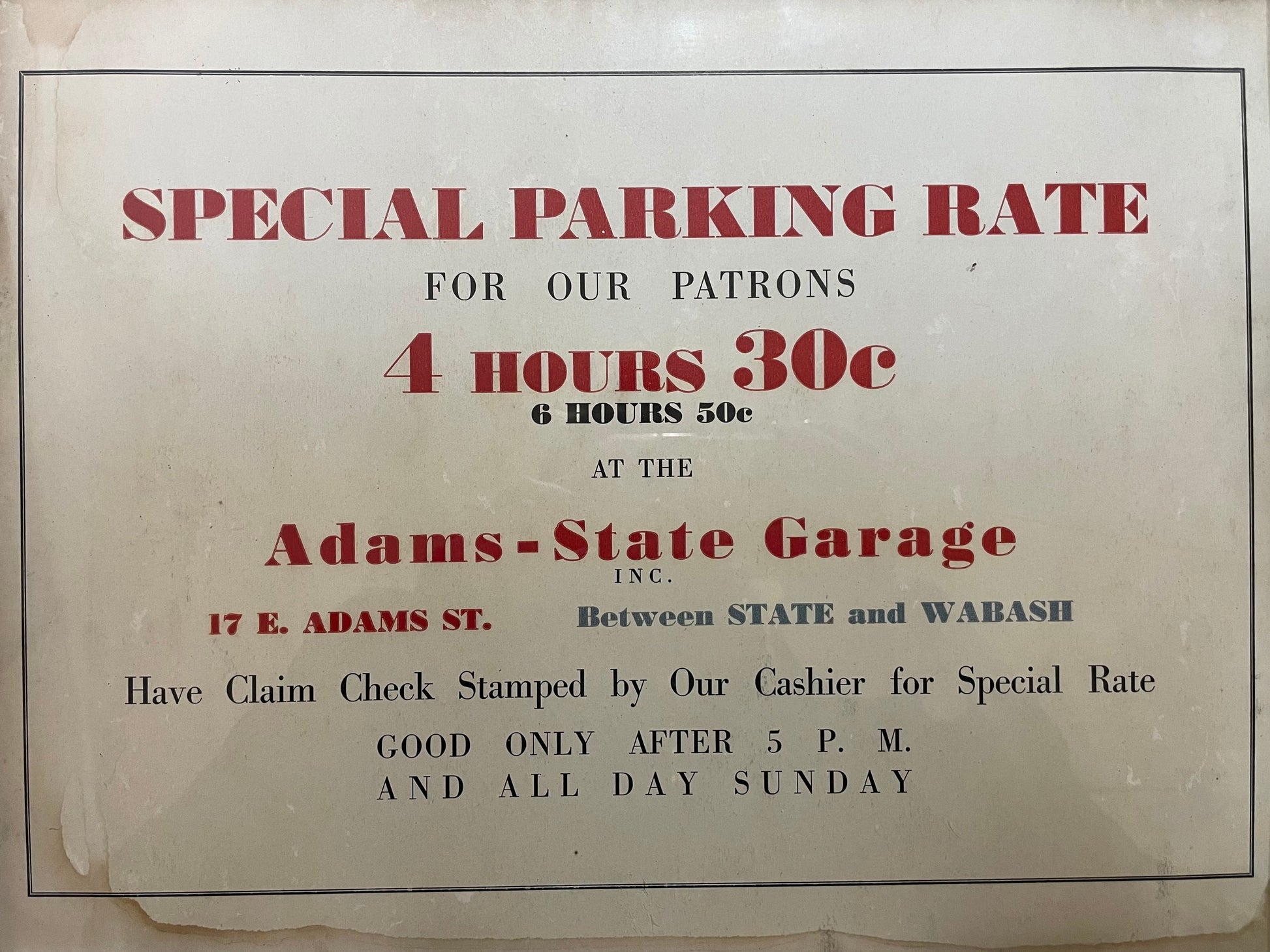 Antique 1920's Parking Sign, Adams-State Garage Chicago IL, Vintage Collectible