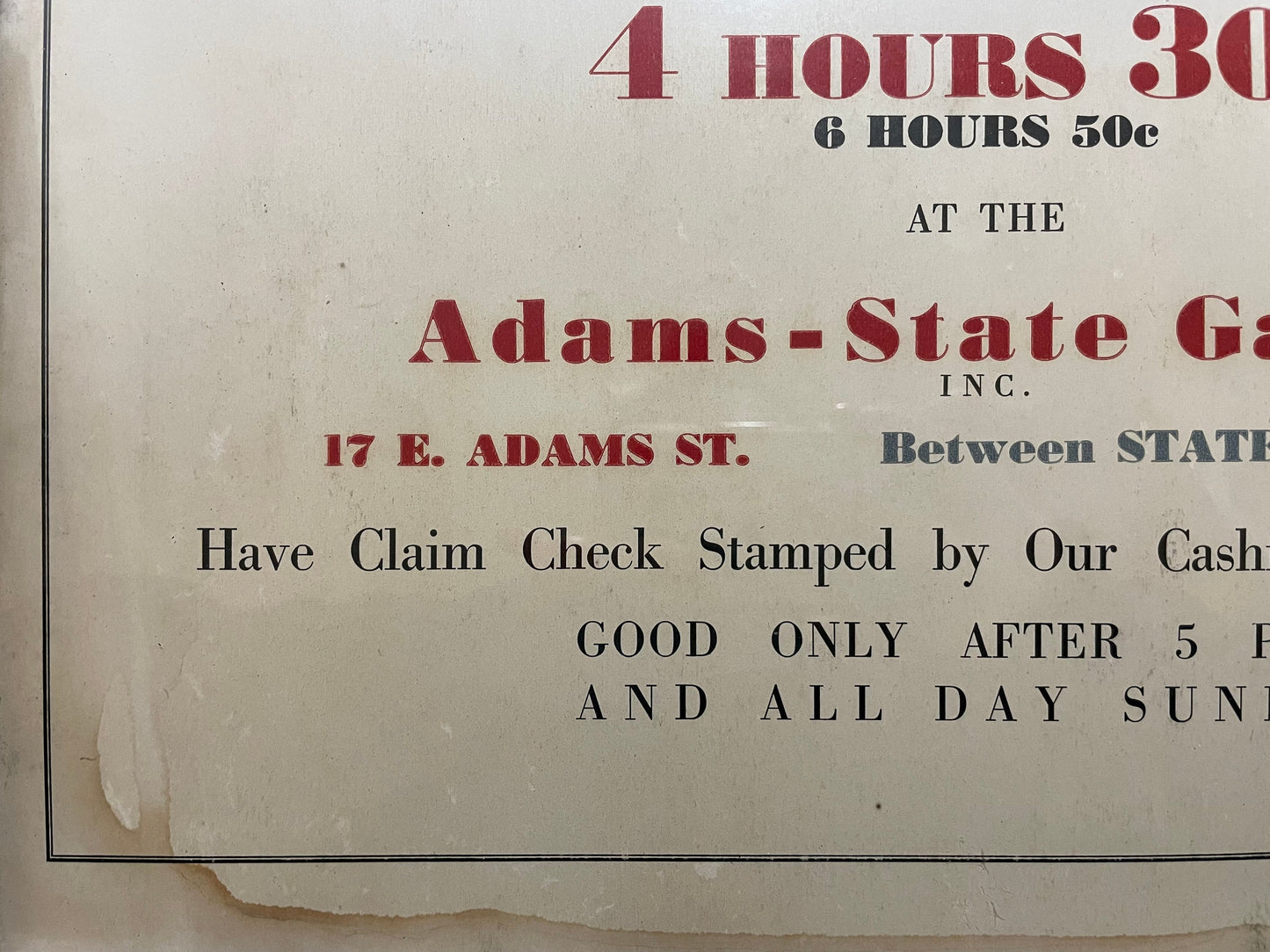 Antique 1920's Parking Sign, Adams-State Garage Chicago IL, Vintage Collectible