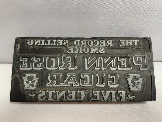 Vintage Printing Block 'The Record Selling Smoke Penn Rose Cigar Five Cents' Antique Letterpress, Advertising Printing Block, Letterpress