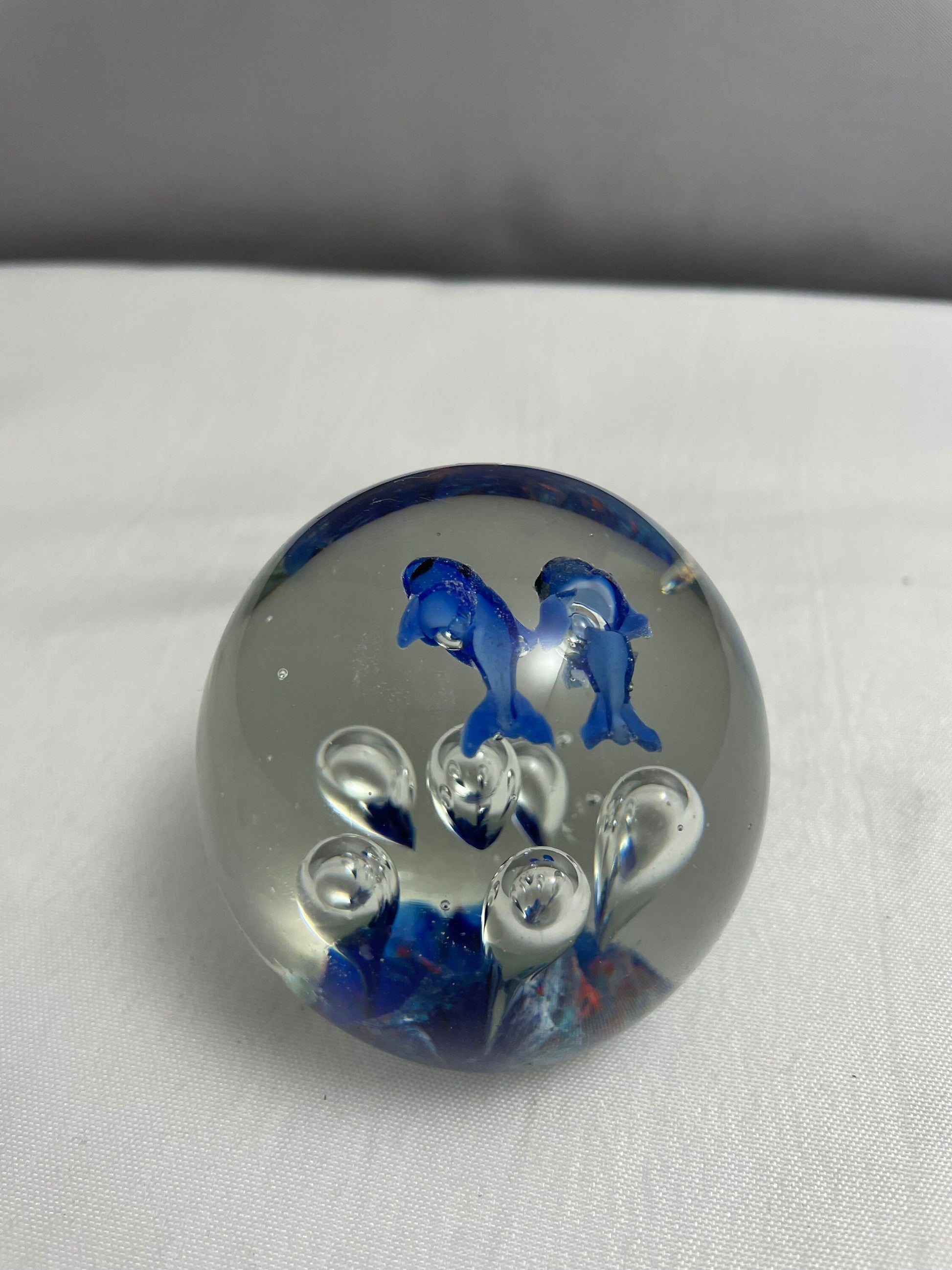 Vintage Glass Dolphin Ball Paperweight, Hand Blown Glass