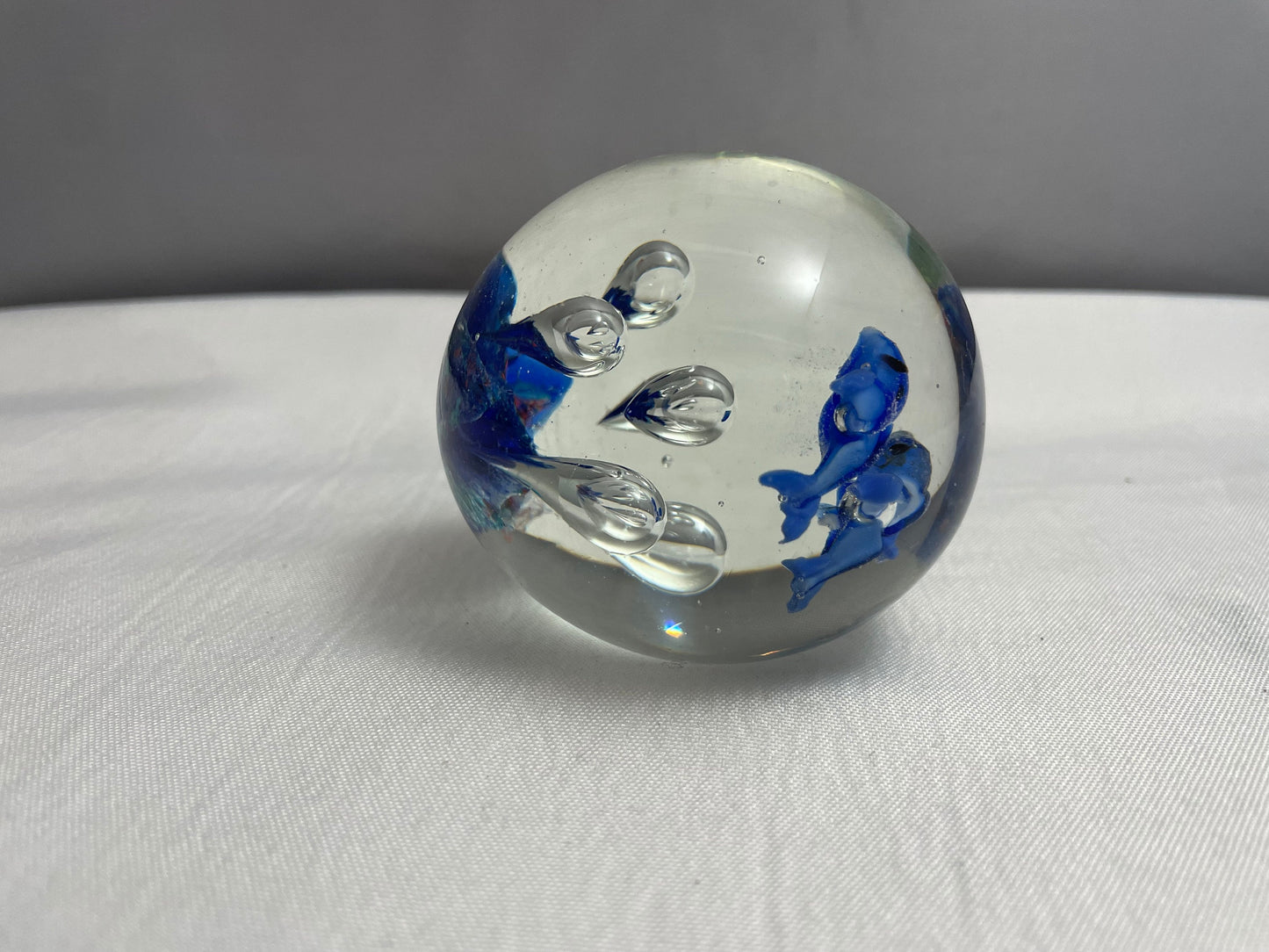 Vintage Glass Dolphin Ball Paperweight, Hand Blown Glass