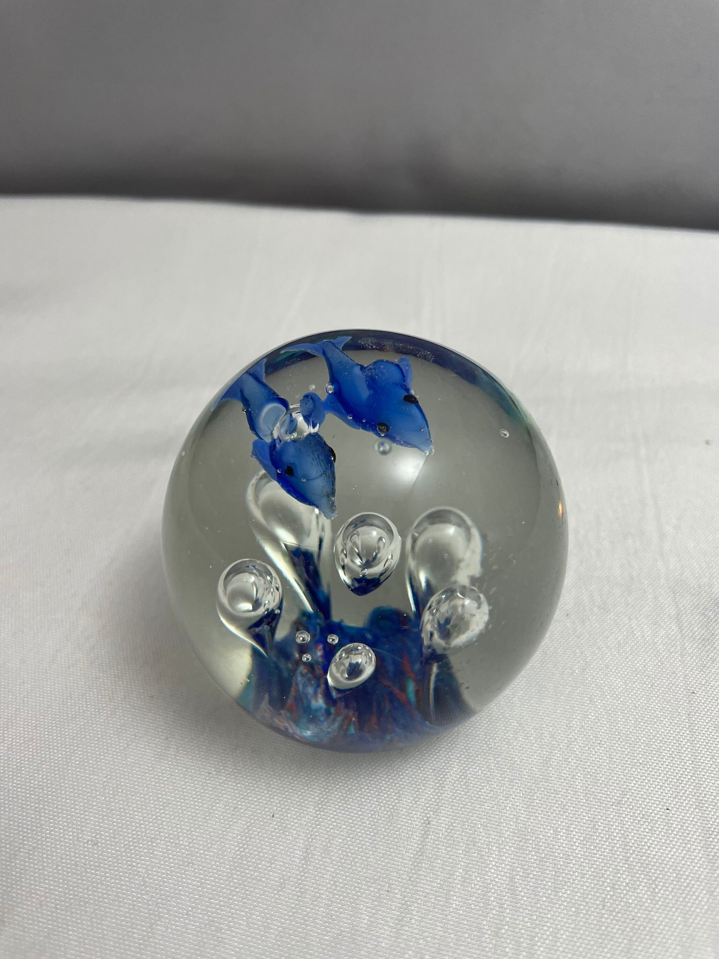 Vintage Glass Dolphin Ball Paperweight, Hand Blown Glass