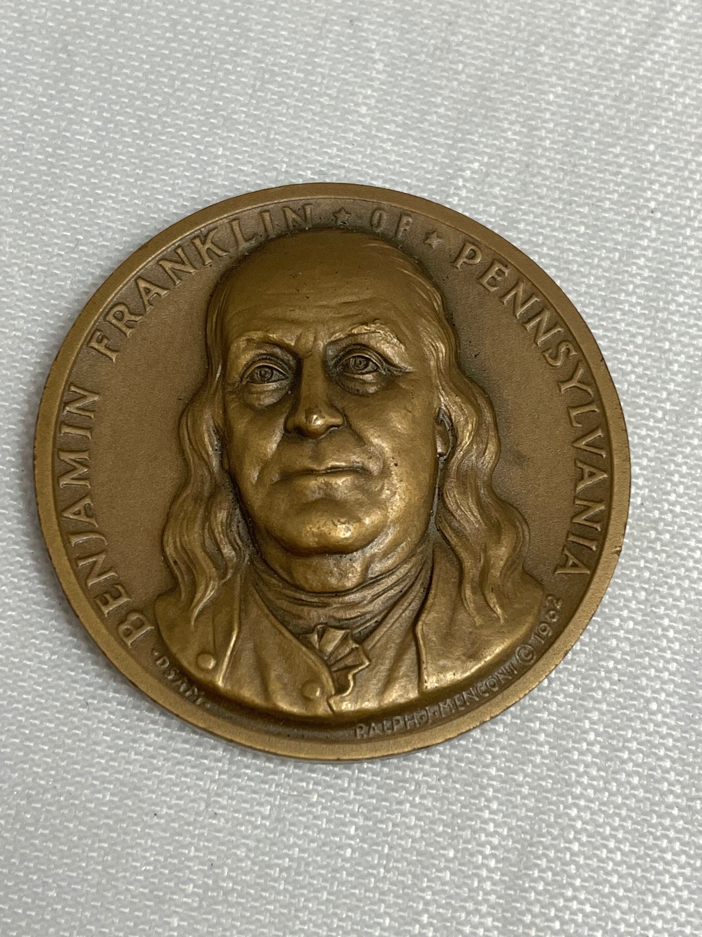 Benjamin Franklin Portrait on Bronze Medal, Vintage 1960's, Liberty Bell, Segmented Snake, Declaration of the 13 United States of America