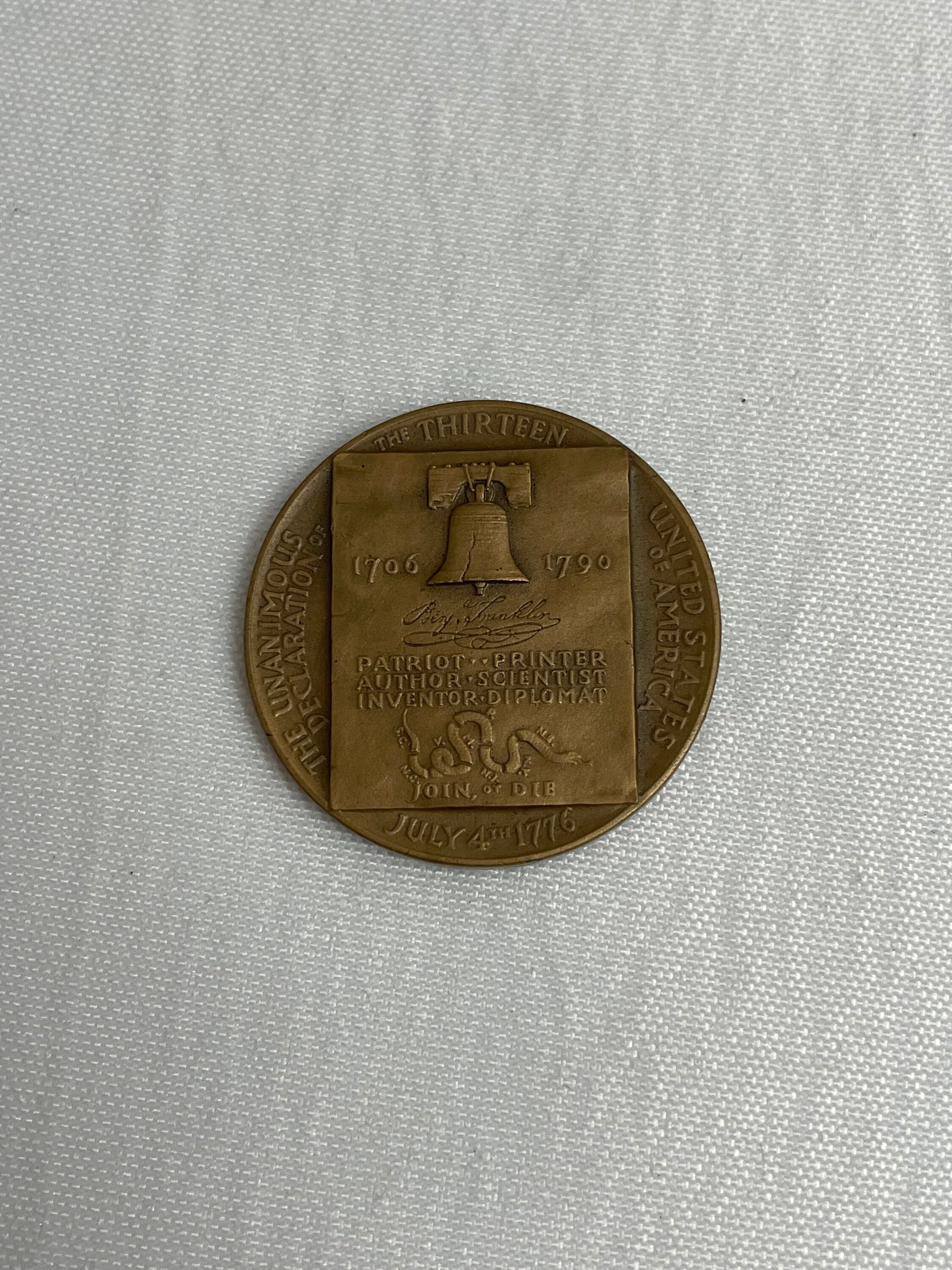 Benjamin Franklin Portrait on Bronze Medal, Vintage 1960's, Liberty Bell, Segmented Snake, Declaration of the 13 United States of America