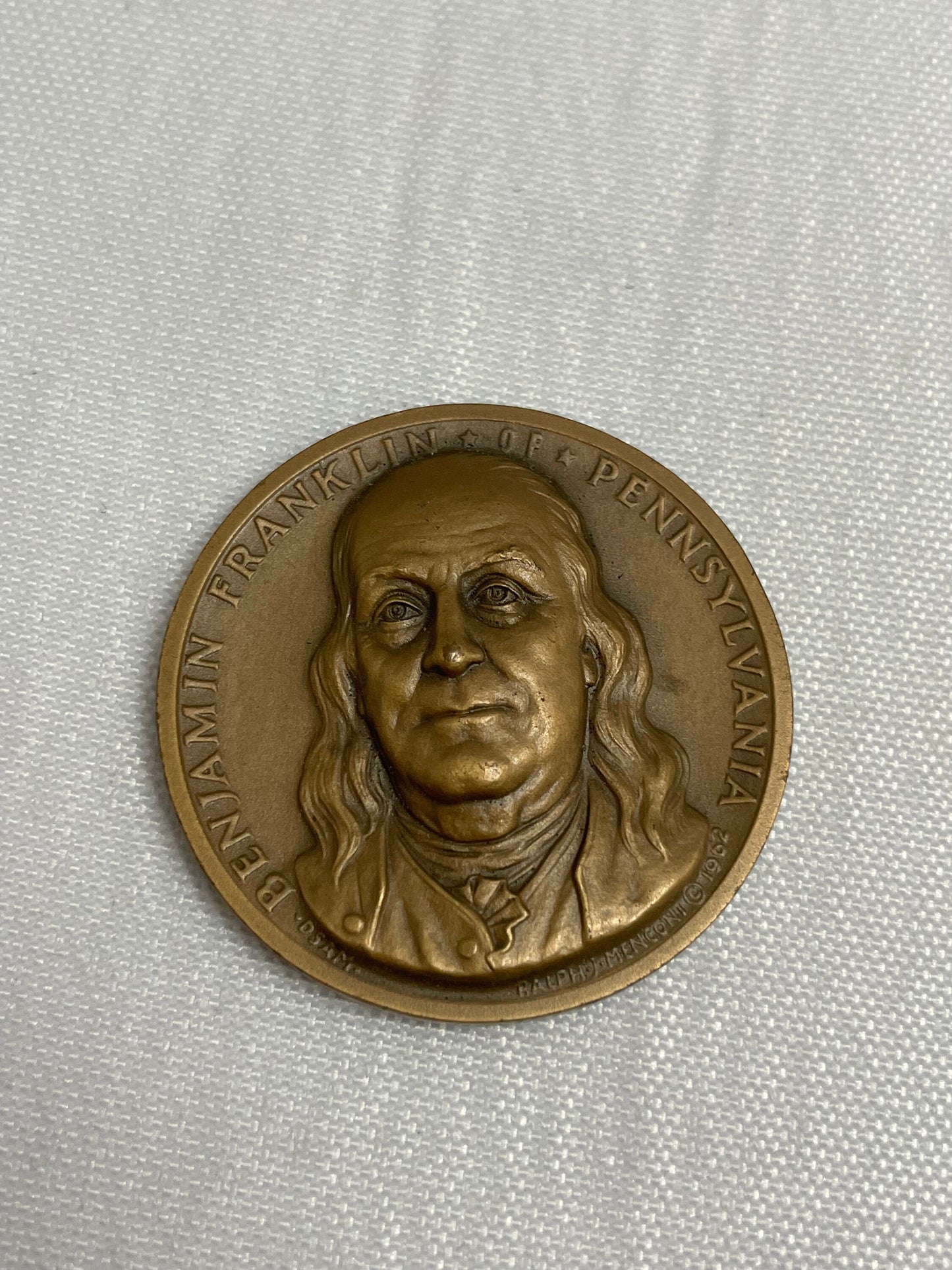 Benjamin Franklin Portrait on Bronze Medal, Vintage 1960's, Liberty Bell, Segmented Snake, Declaration of the 13 United States of America