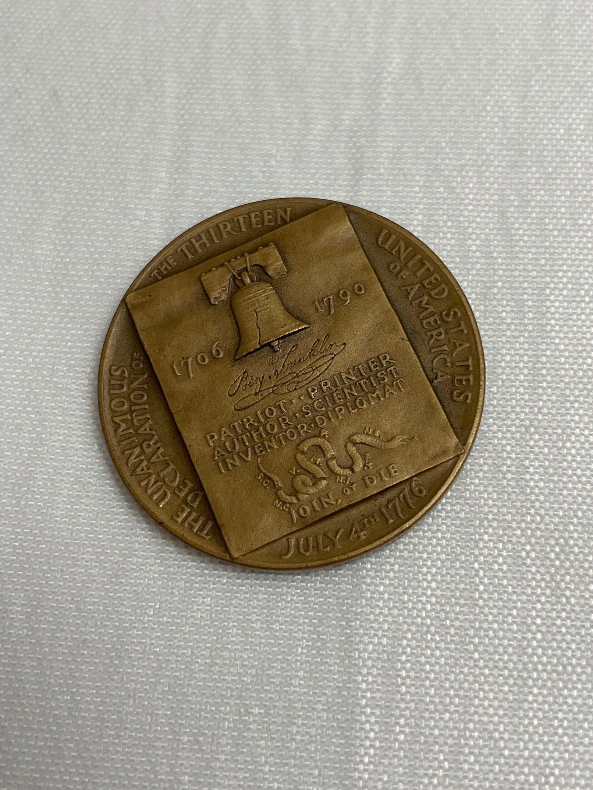 Benjamin Franklin Portrait on Bronze Medal, Vintage 1960's, Liberty Bell, Segmented Snake, Declaration of the 13 United States of America