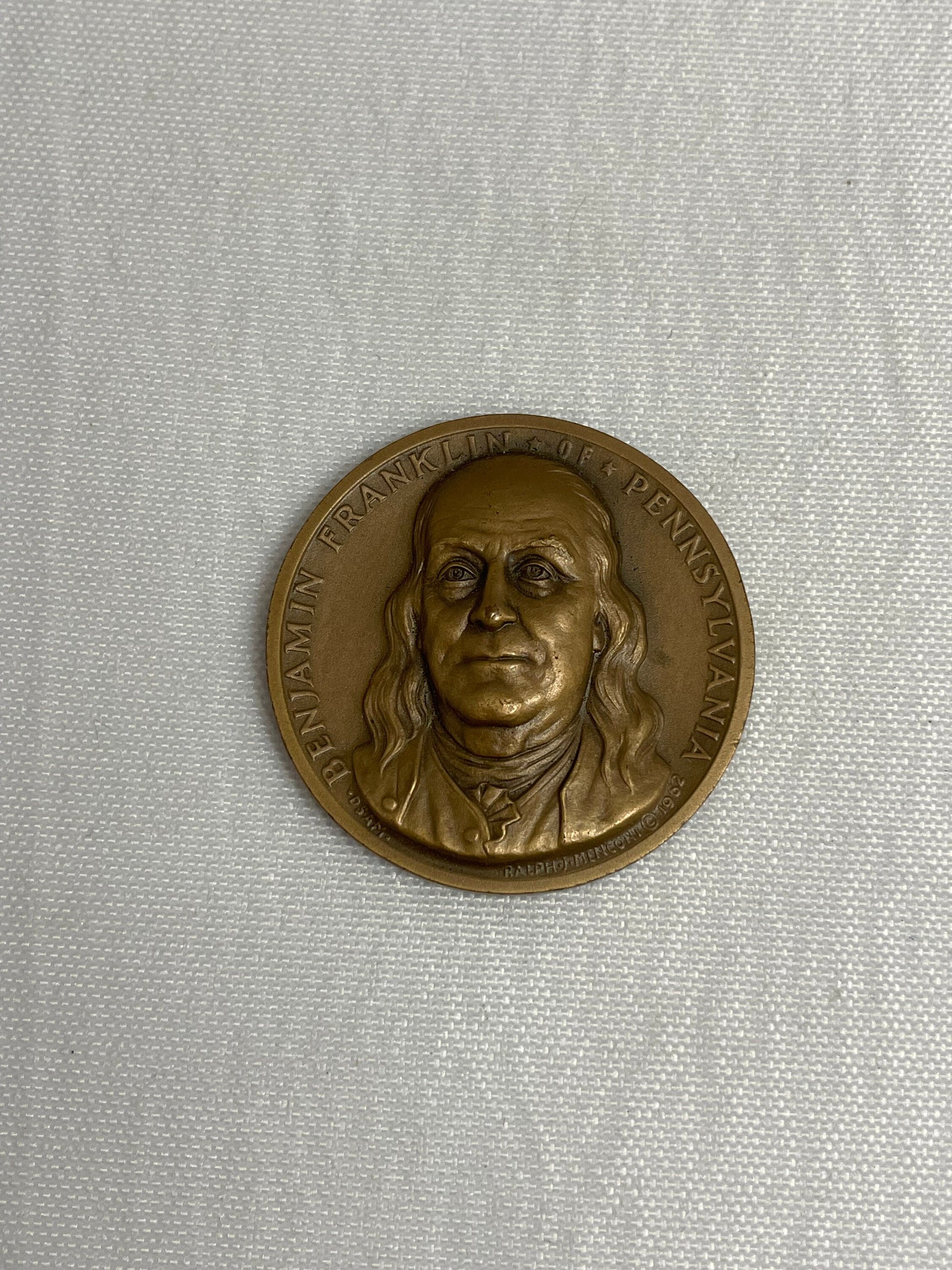 Benjamin Franklin Portrait on Bronze Medal, Vintage 1960's, Liberty Bell, Segmented Snake, Declaration of the 13 United States of America