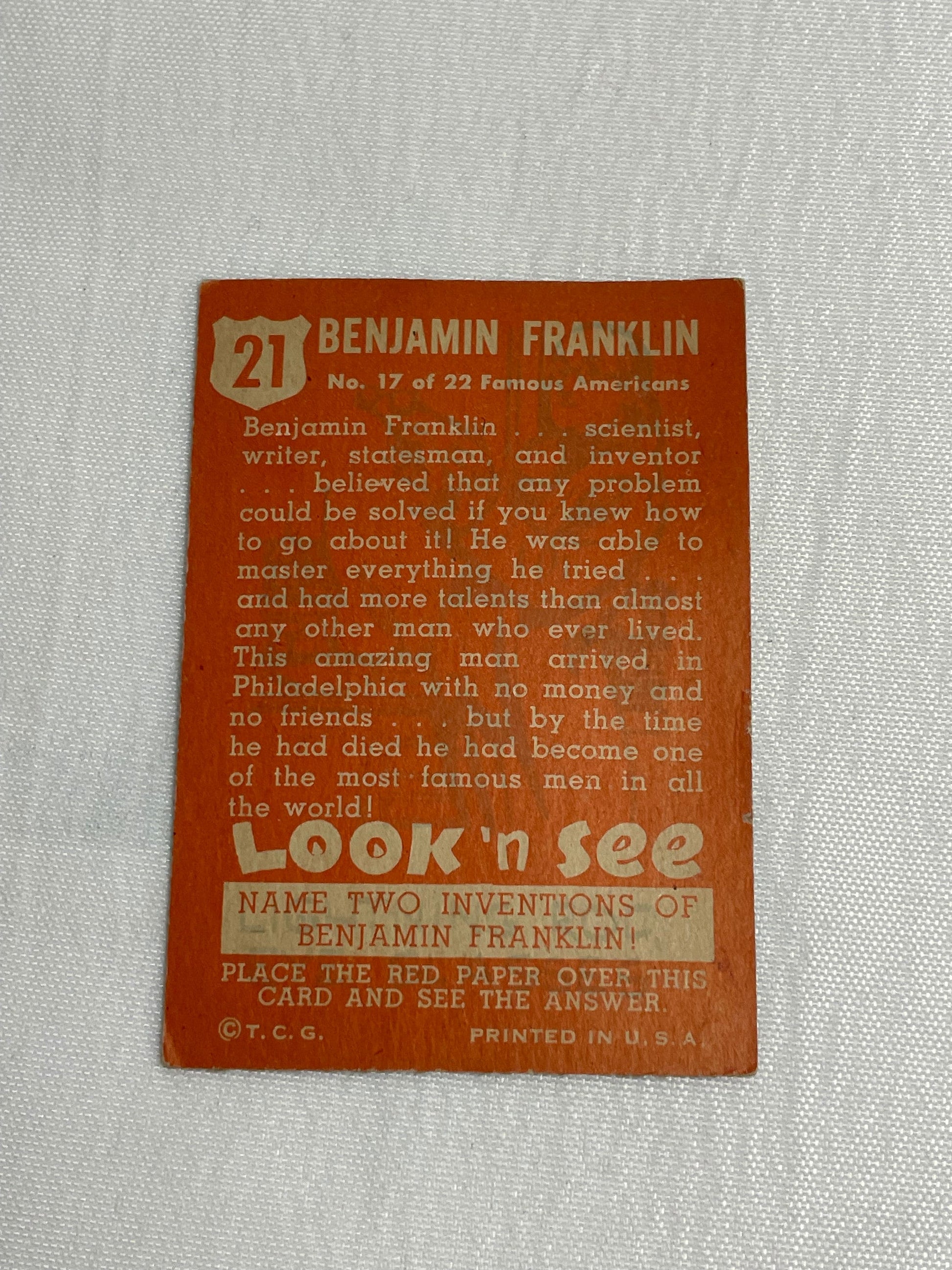 Vintage 1952 Benjamin Franklin Trading Card, T.C.G. 21, Patriot, Topps Card, Look'N See, Collectible Trading Cards