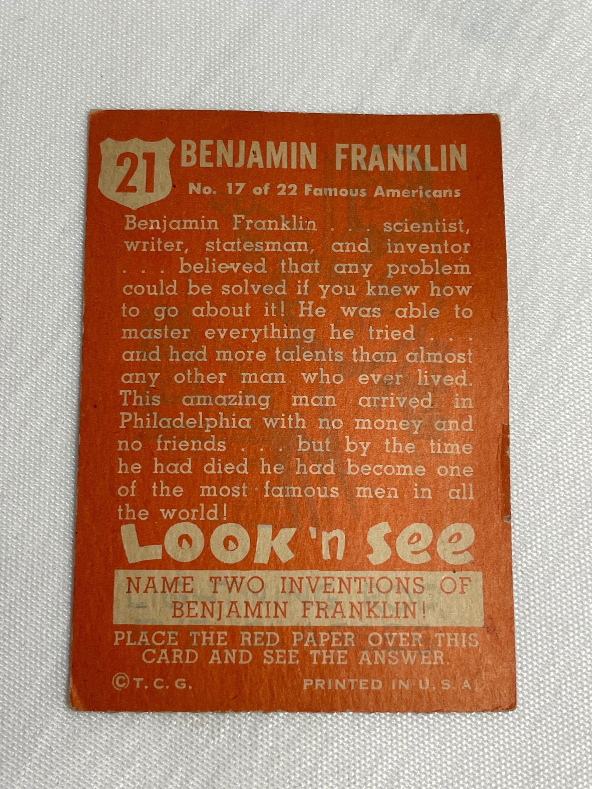 Vintage 1952 Benjamin Franklin Trading Card, T.C.G. 21, Patriot, Topps Card, Look'N See, Collectible Trading Cards