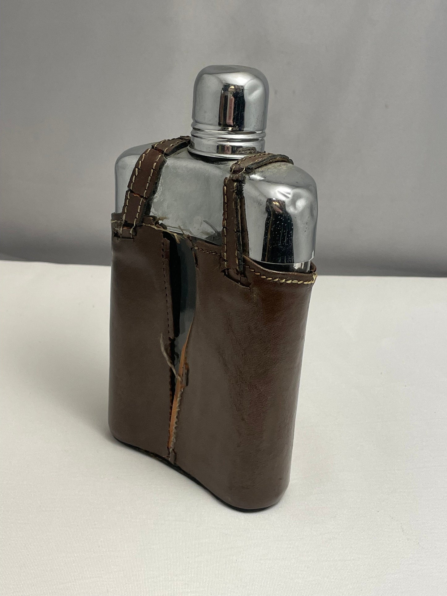 Vintage Leather Flask Holder, Monogrammed Cover, Personalized 1980's Drink Carrier