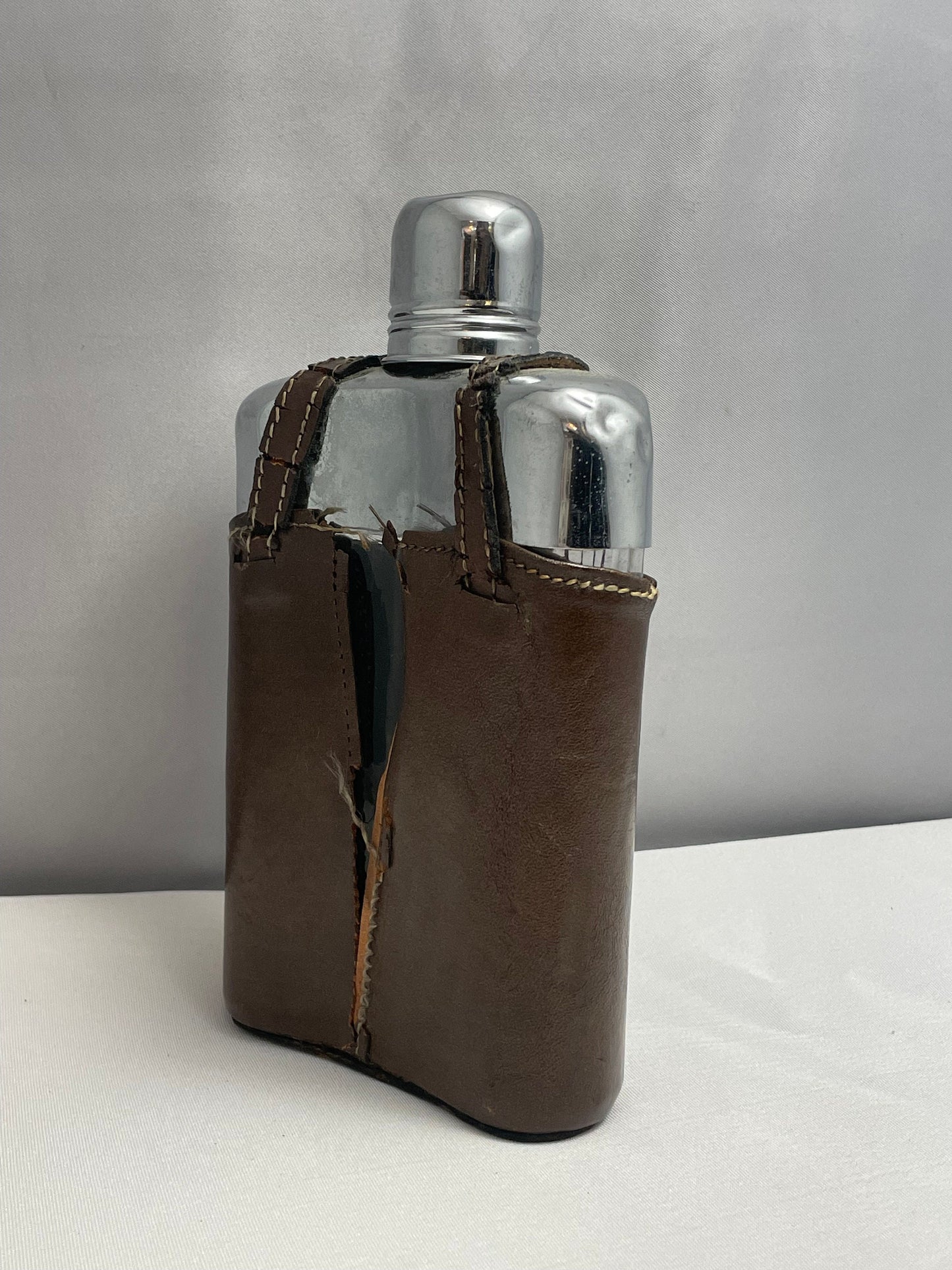 Vintage Leather Flask Holder, Monogrammed Cover, Personalized 1980's Drink Carrier