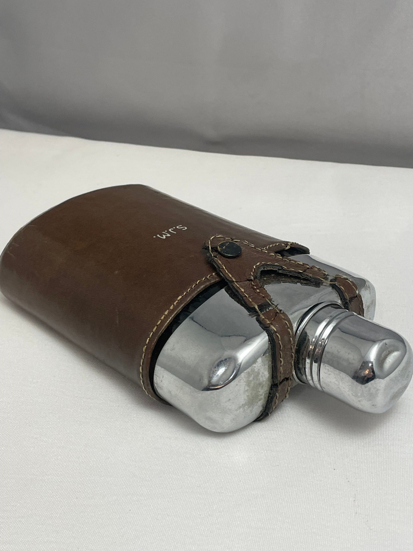 Vintage Leather Flask Holder, Monogrammed Cover, Personalized 1980's Drink Carrier