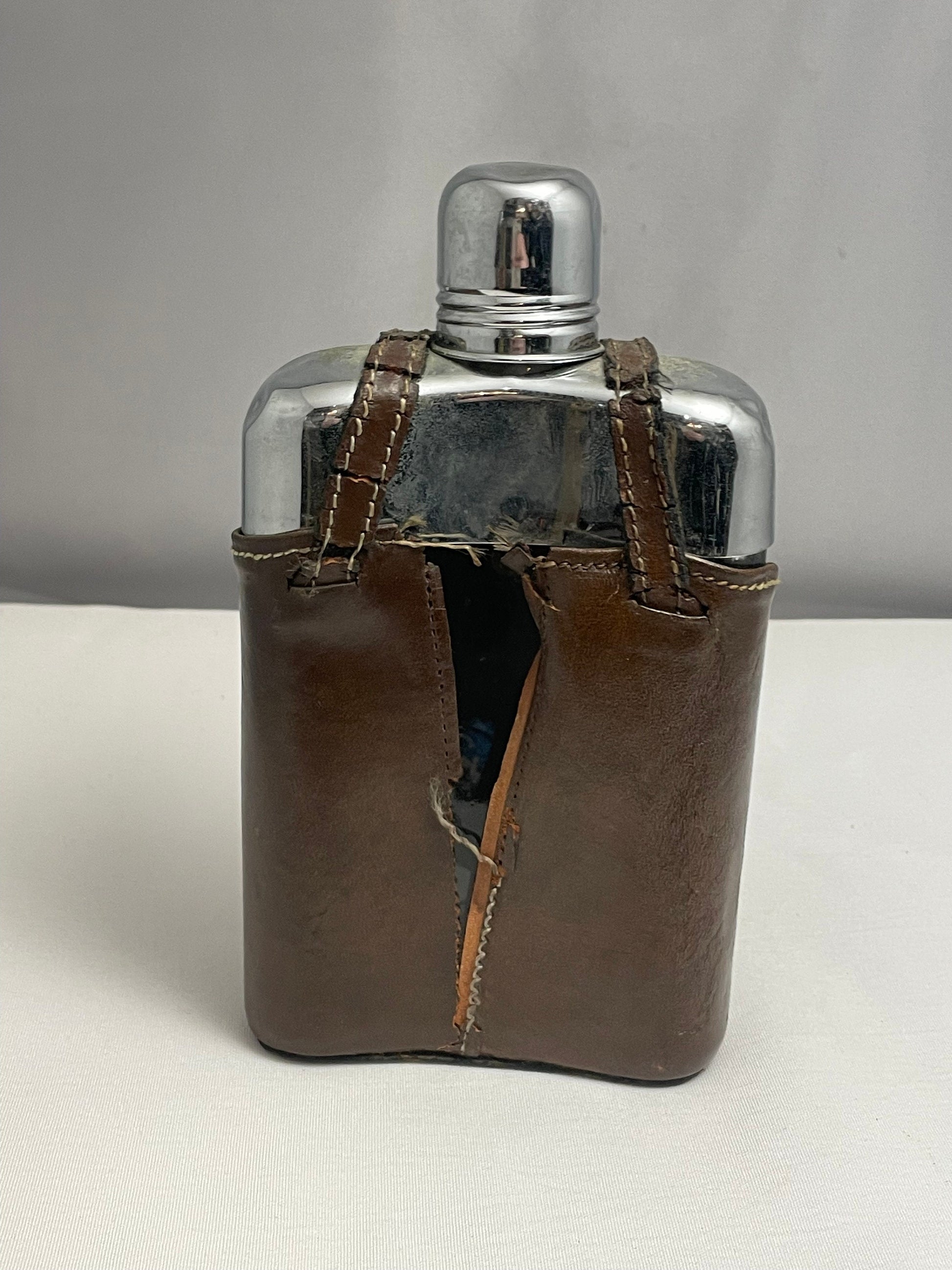 Vintage Leather Flask Holder, Monogrammed Cover, Personalized 1980's Drink Carrier