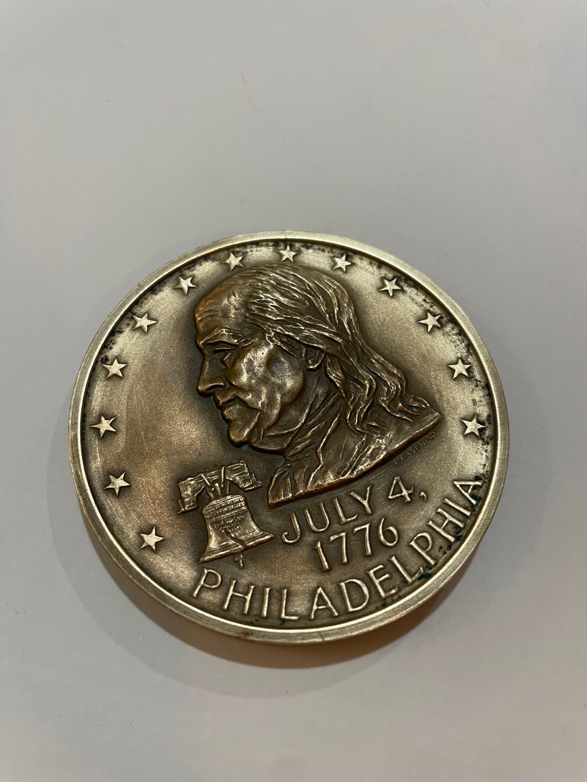 Benjamin Franklin Portrait on Bronze Medal, Vintage 1976, Philadelphia Bicentennial, Liberty Bell, Bald Eagle, July 4 1776