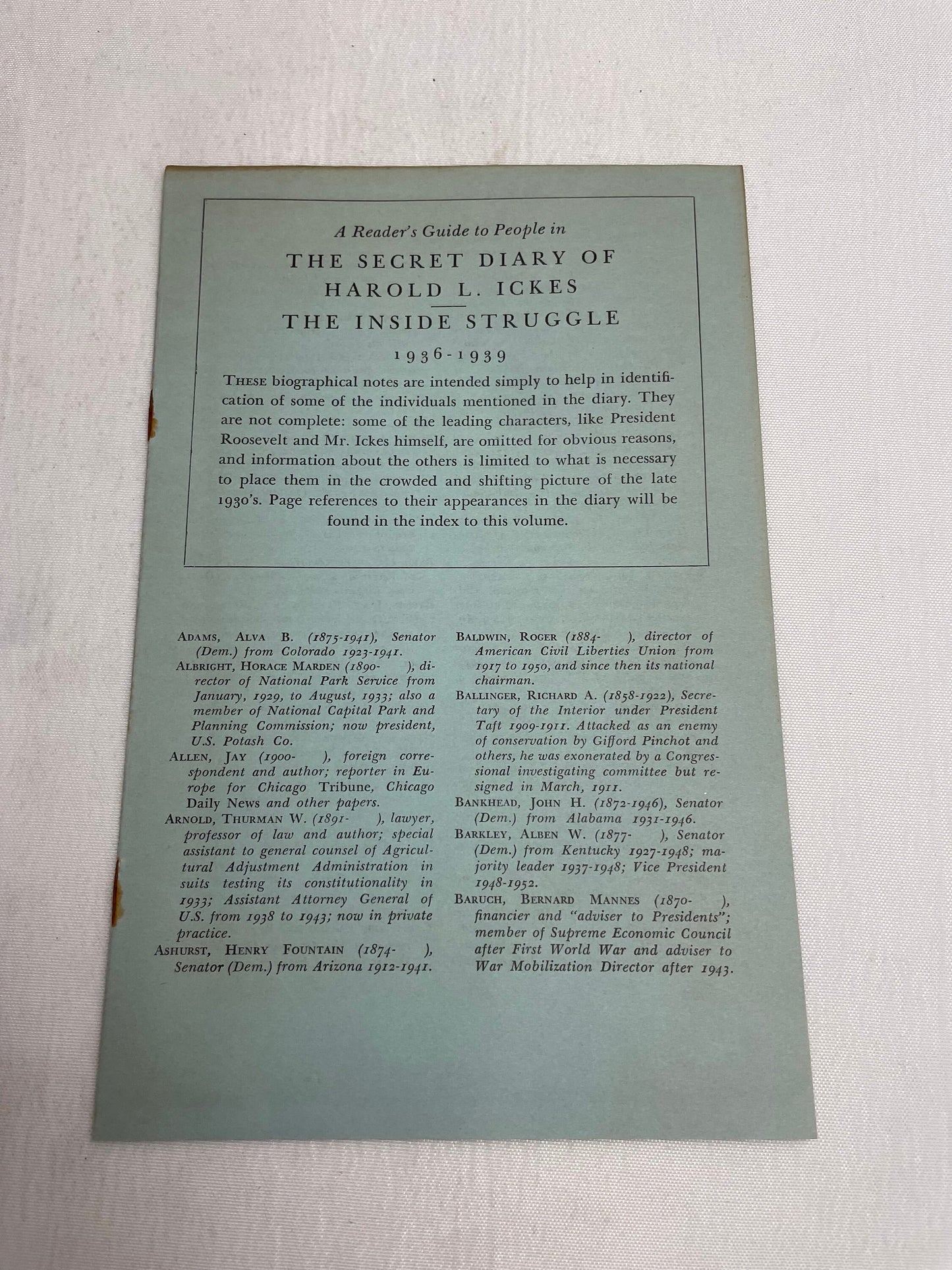 The Secret Diary of Harold L. Ickes, Volume II, The Inside Struggle, 1936-1939, Simon and Schuster