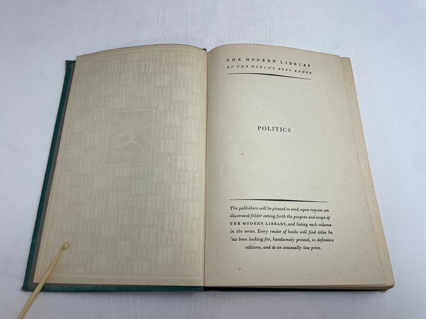 Aristotle's Politics, The Modern Library New York, Antique Book, Greek Philosophy, Antique Book