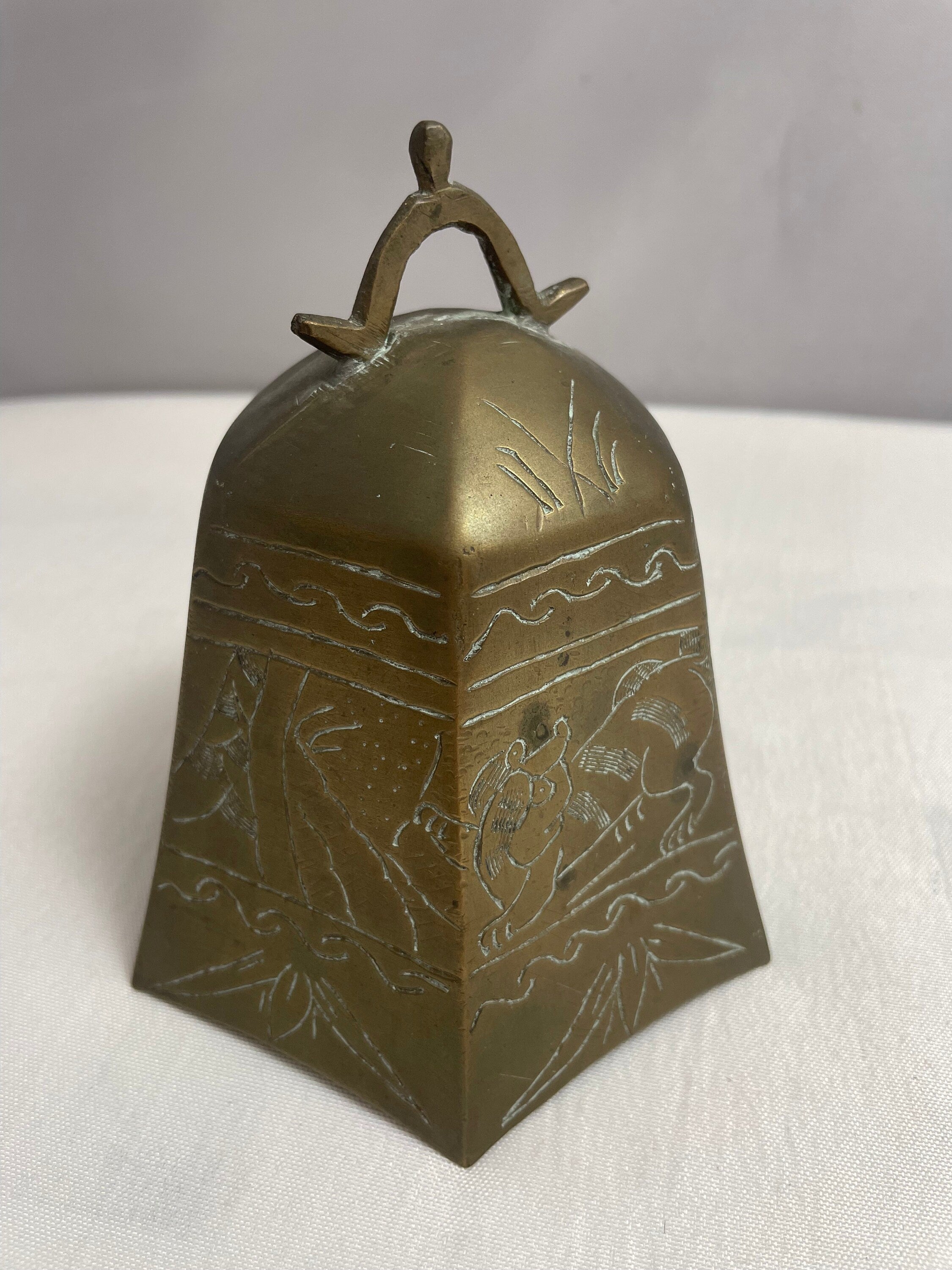 Antique Brass Chinese Temple Bell, Etched in Designs, Etched in Design ...