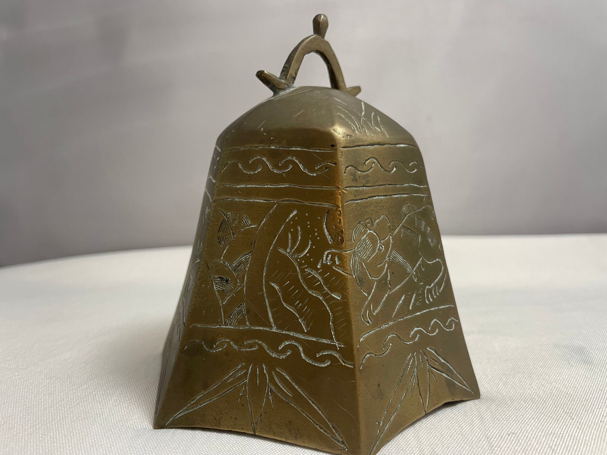 Antique Brass Chinese Temple Bell, Etched in Designs, Etched in Designs, Meditation Prayer Bell, Buddhist Temple, Rare Collectible