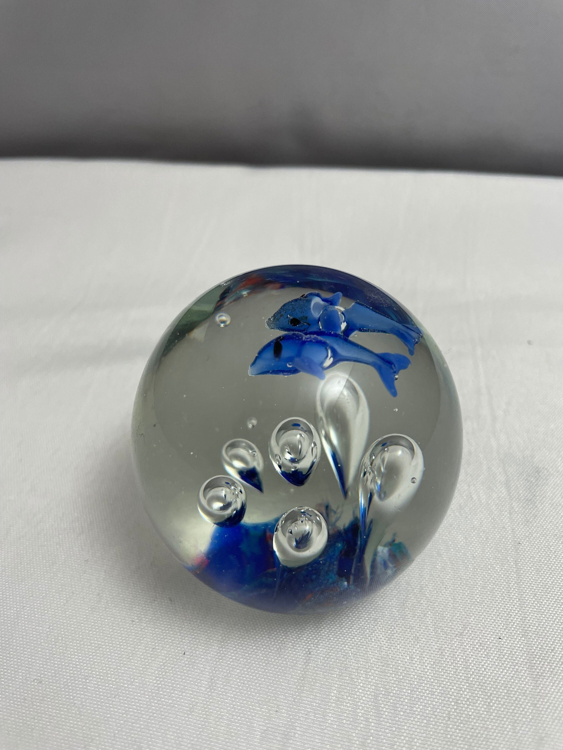 Vintage Glass Dolphin Ball Paperweight, Hand Blown Glass