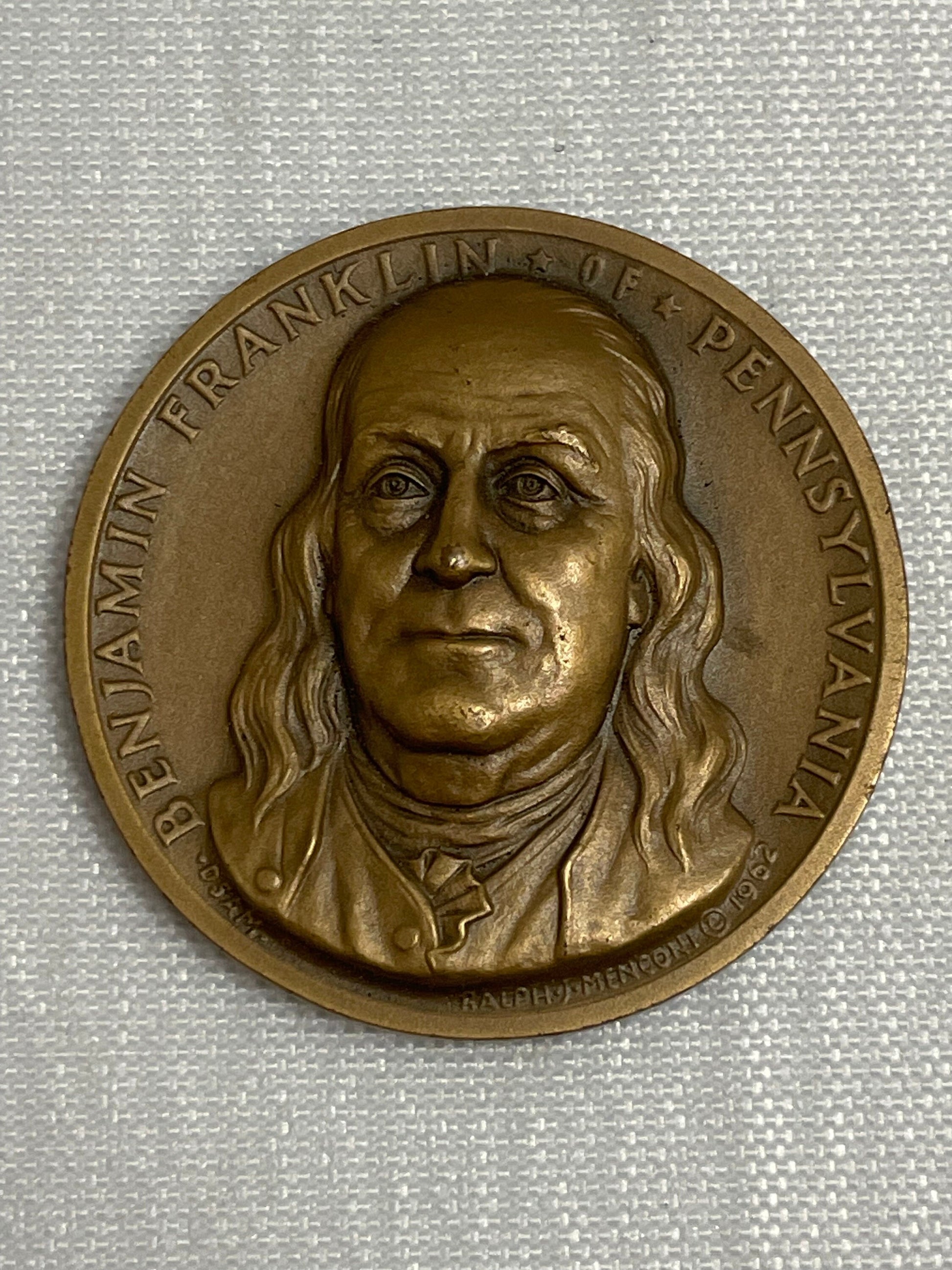 Benjamin Franklin Portrait on Bronze Medal, Vintage 1960's, Liberty Bell, Segmented Snake, Declaration of the 13 United States of America