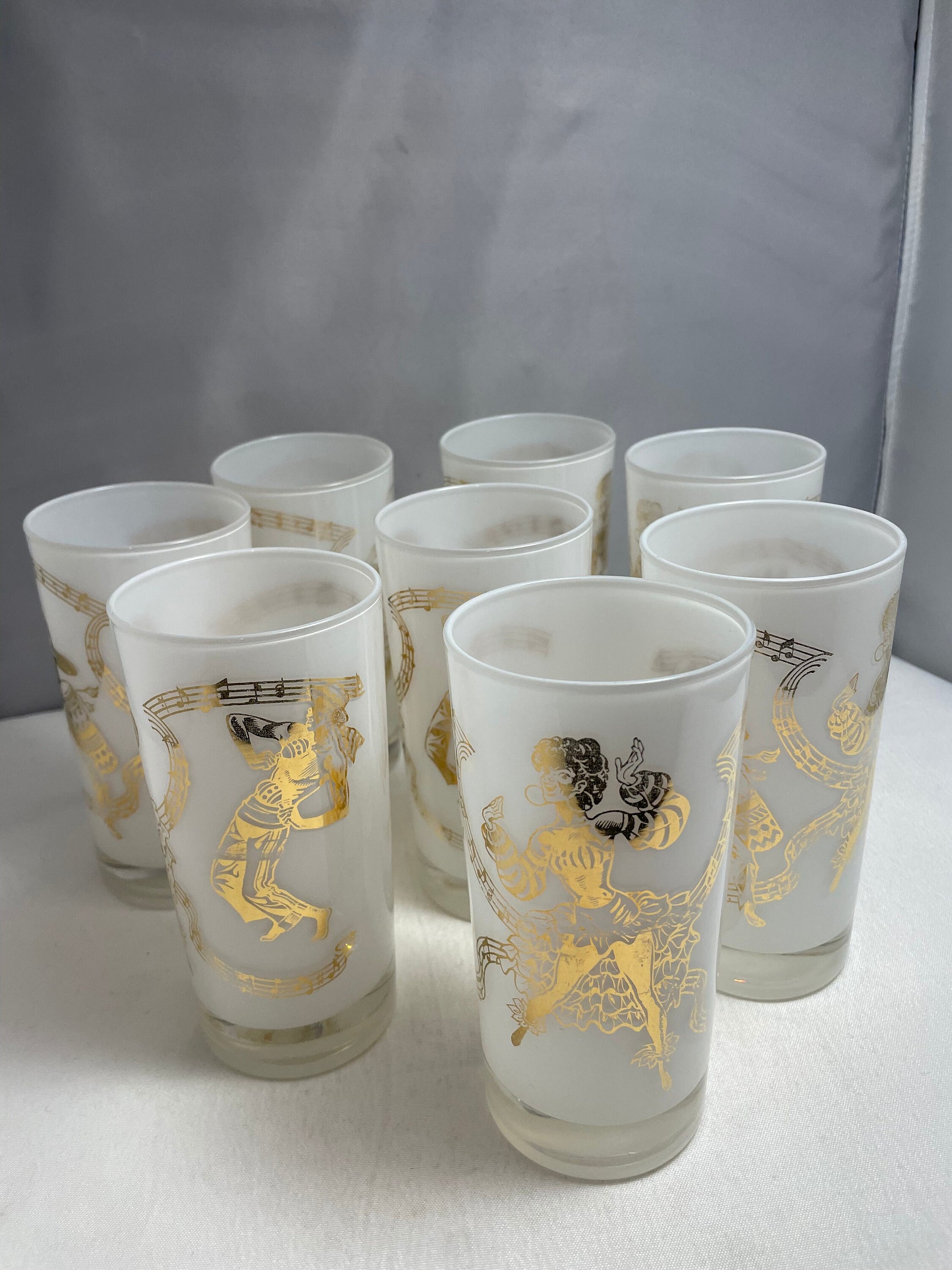 Vintage 1980's Gold & White Mid Century Highball Glasses, Set of 4 (4 sold in store), Kitchen Accessories, Home Decor, Glass Set, Barware