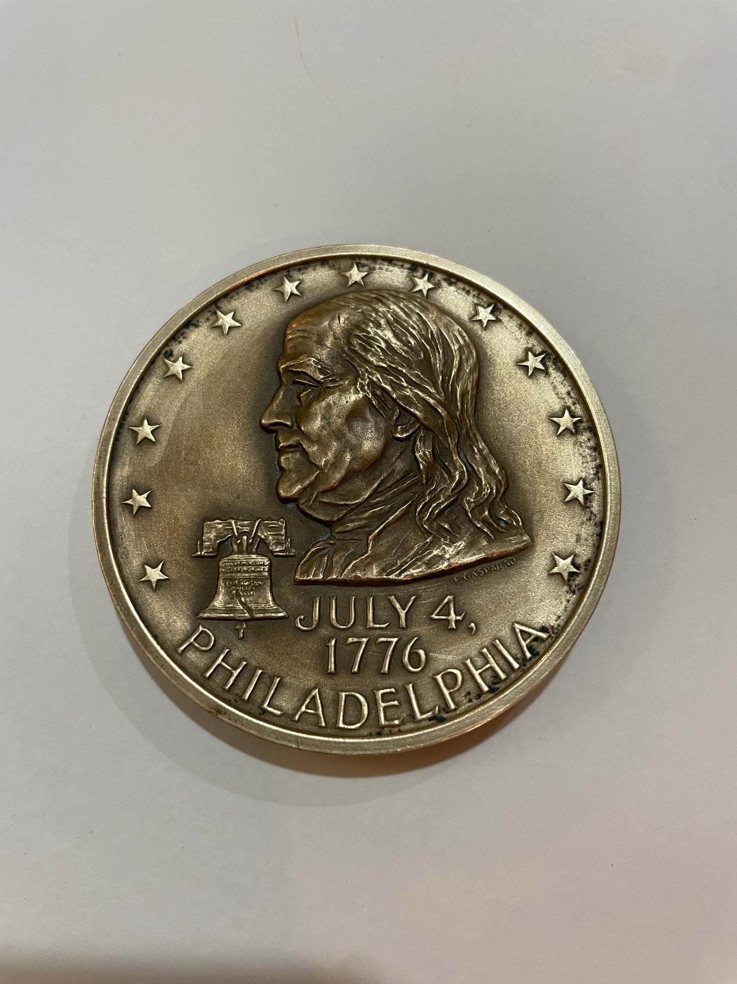 Benjamin Franklin Portrait on Bronze Medal, Vintage 1976, Philadelphia Bicentennial, Liberty Bell, Bald Eagle, July 4 1776