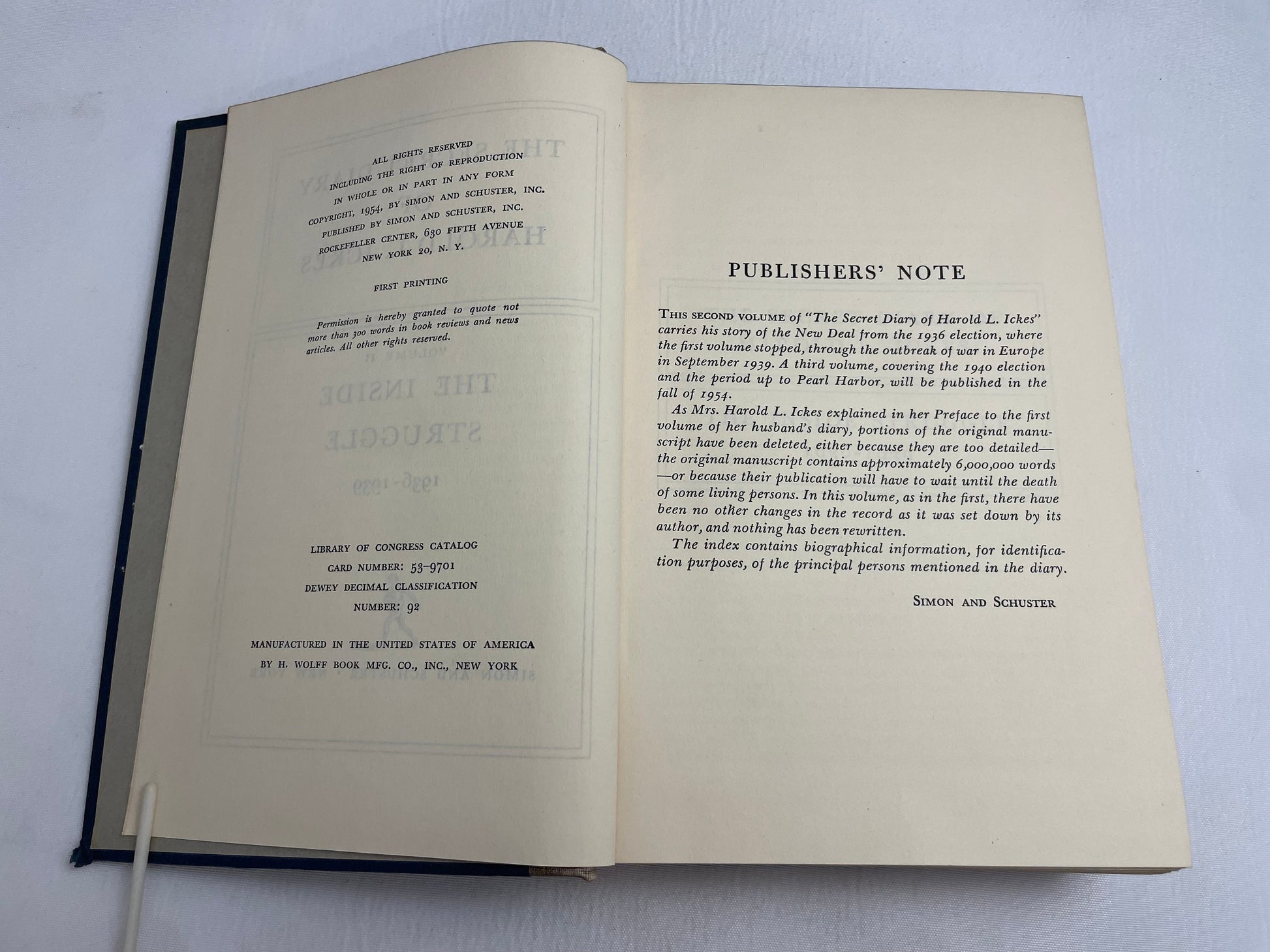 The Secret Diary of Harold L. Ickes, Volume II, The Inside Struggle, 1936-1939, Simon and Schuster