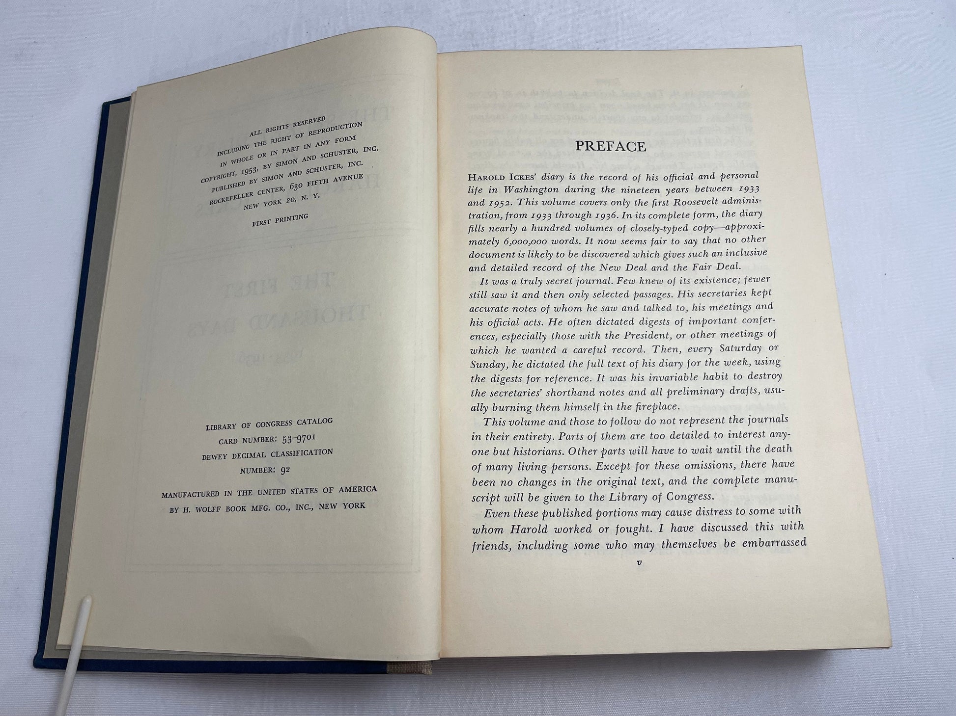 The Secret Diary of Harold L. Ickes, Volume I, The First Thousand Days, 1933-1936, Simon and Schuster